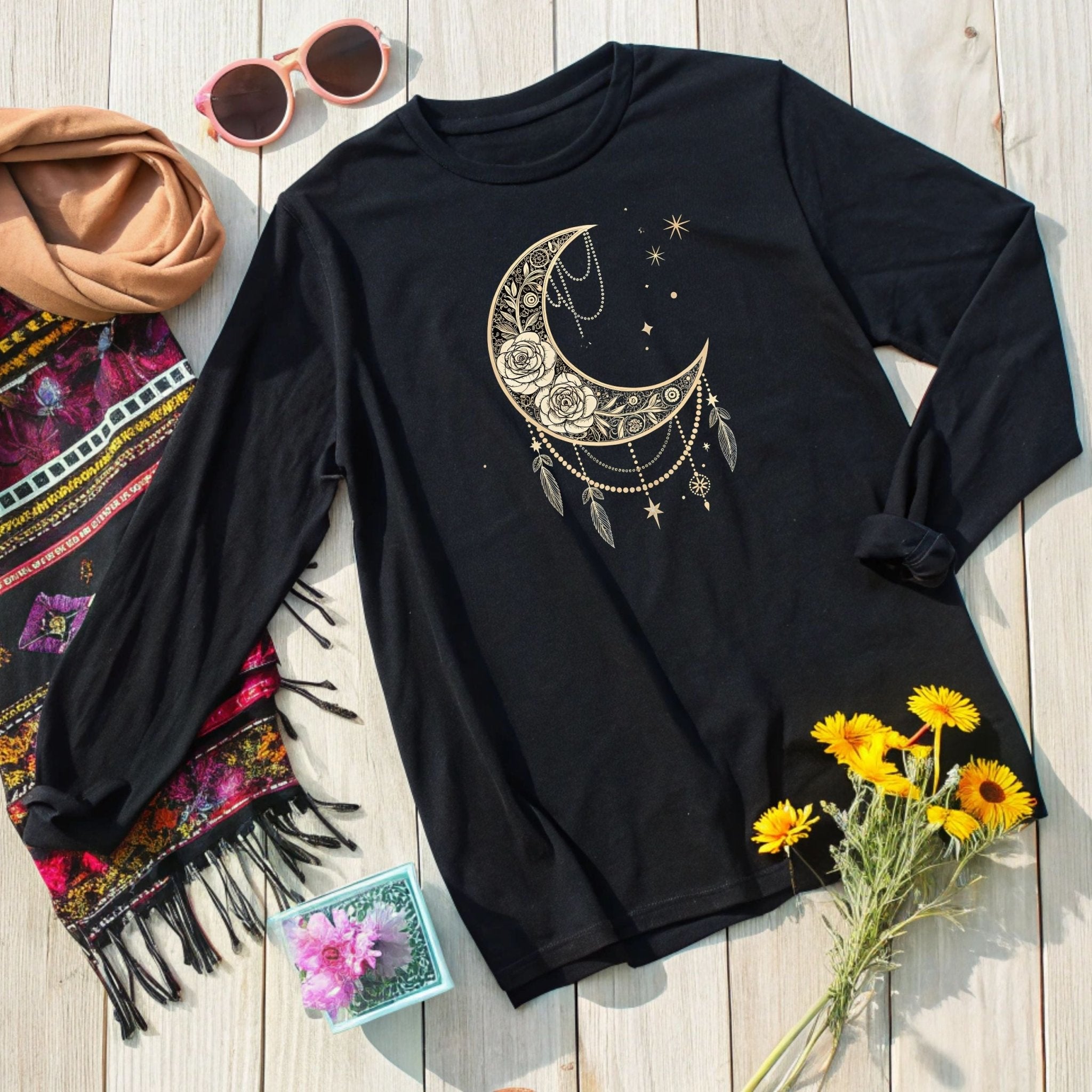 Celestial Moon & Roses Long Sleeve T-Shirt – Boho Chic Elegance - Craig Michael Design