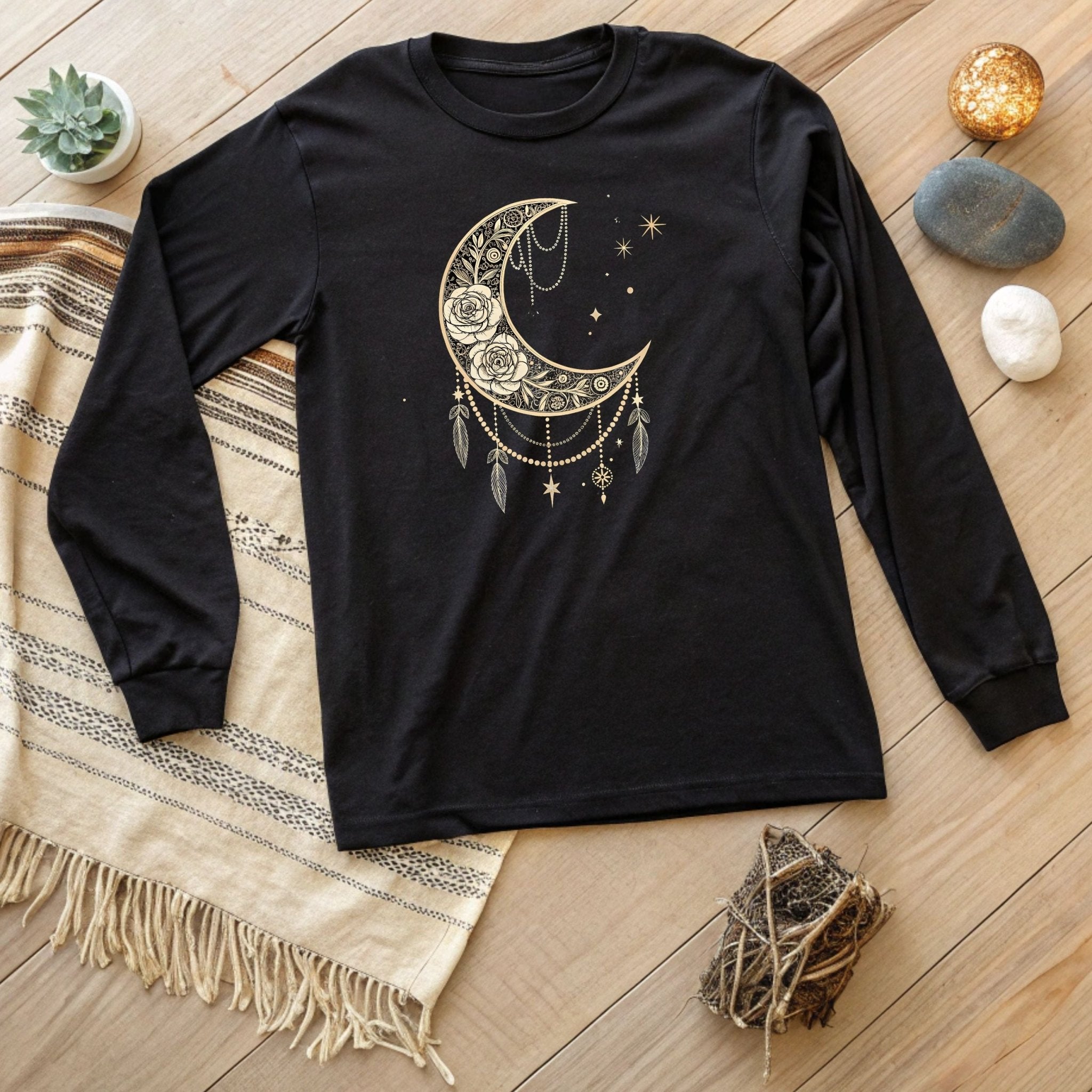 Celestial Moon & Roses Long Sleeve T-Shirt – Boho Chic Elegance - Craig Michael Design