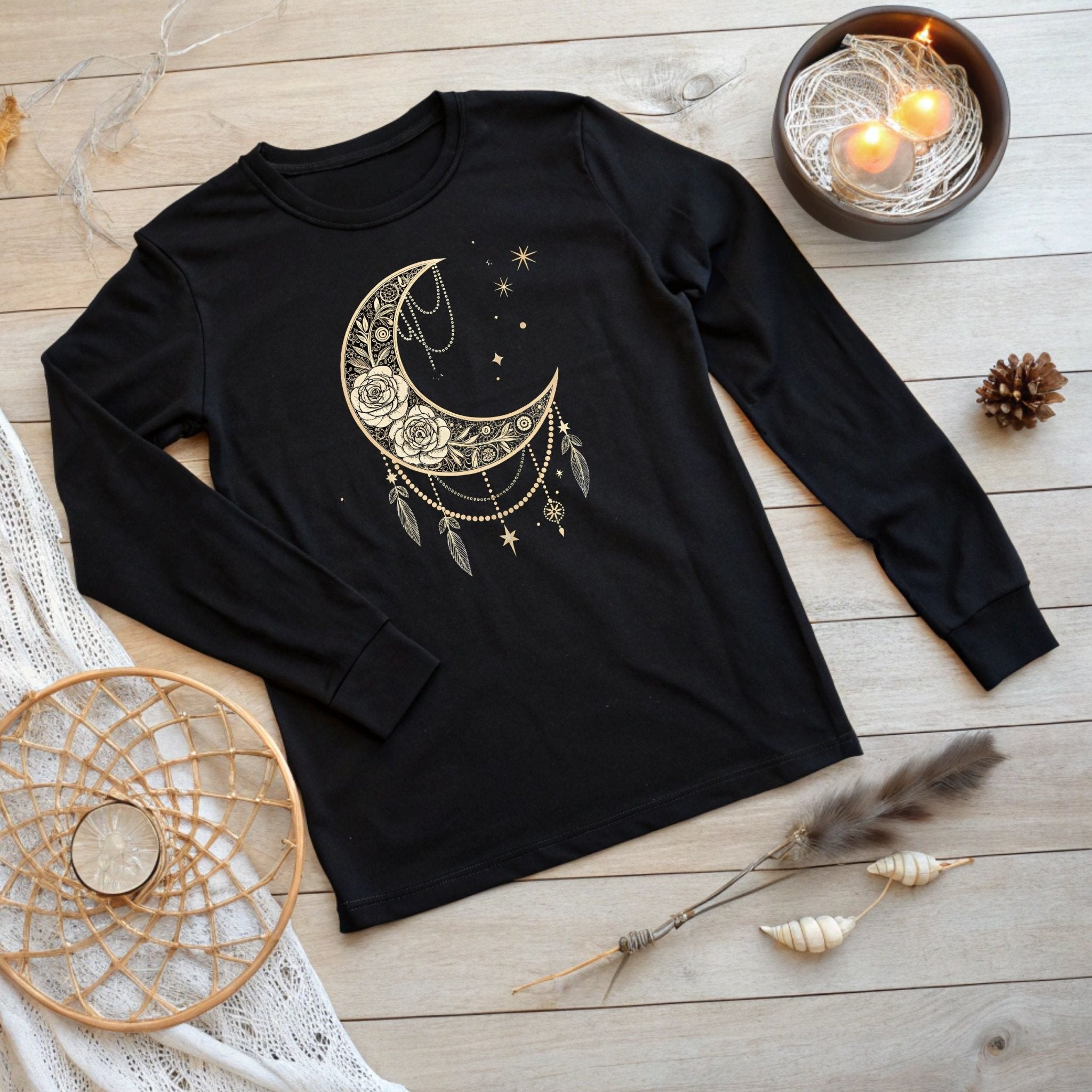 Celestial Moon & Roses Long Sleeve T-Shirt – Boho Chic Elegance - Craig Michael Design