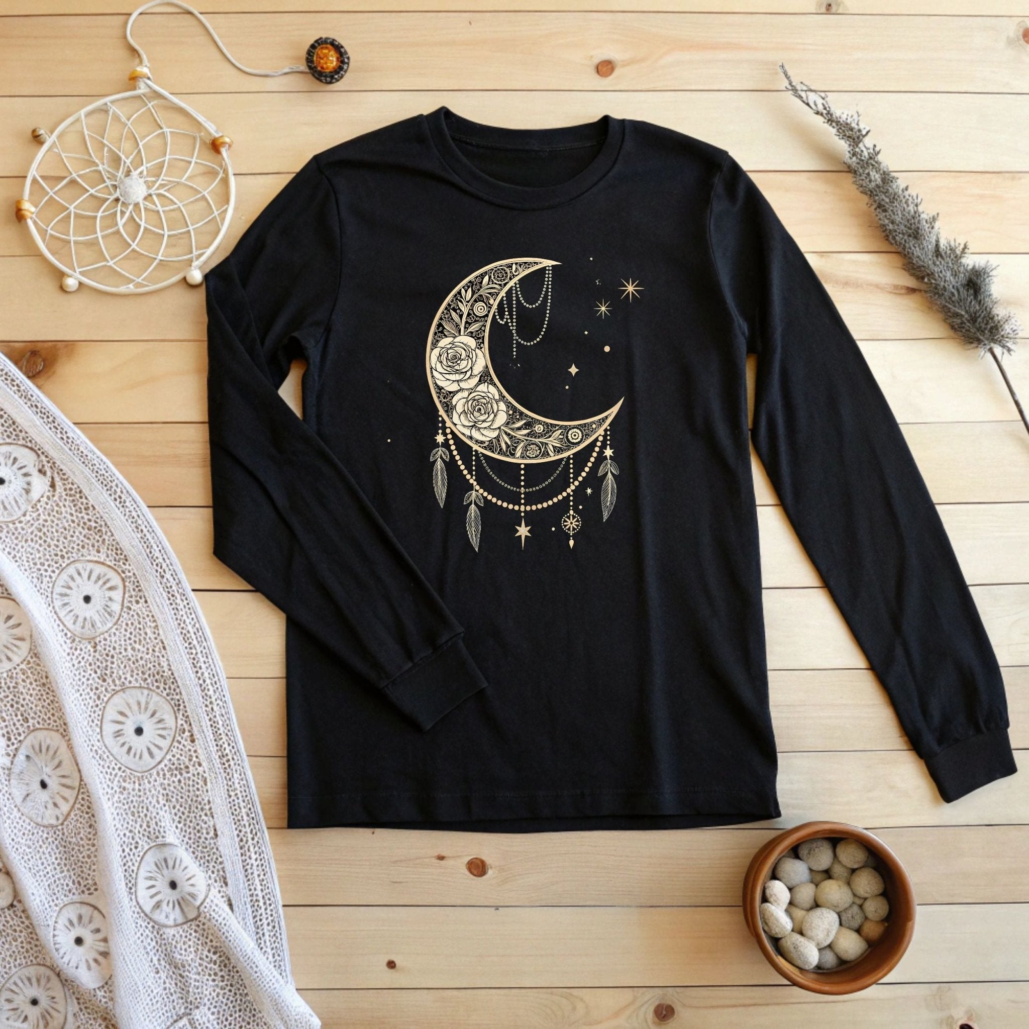 Celestial Moon & Roses Long Sleeve T-Shirt – Boho Chic Elegance - Craig Michael Design
