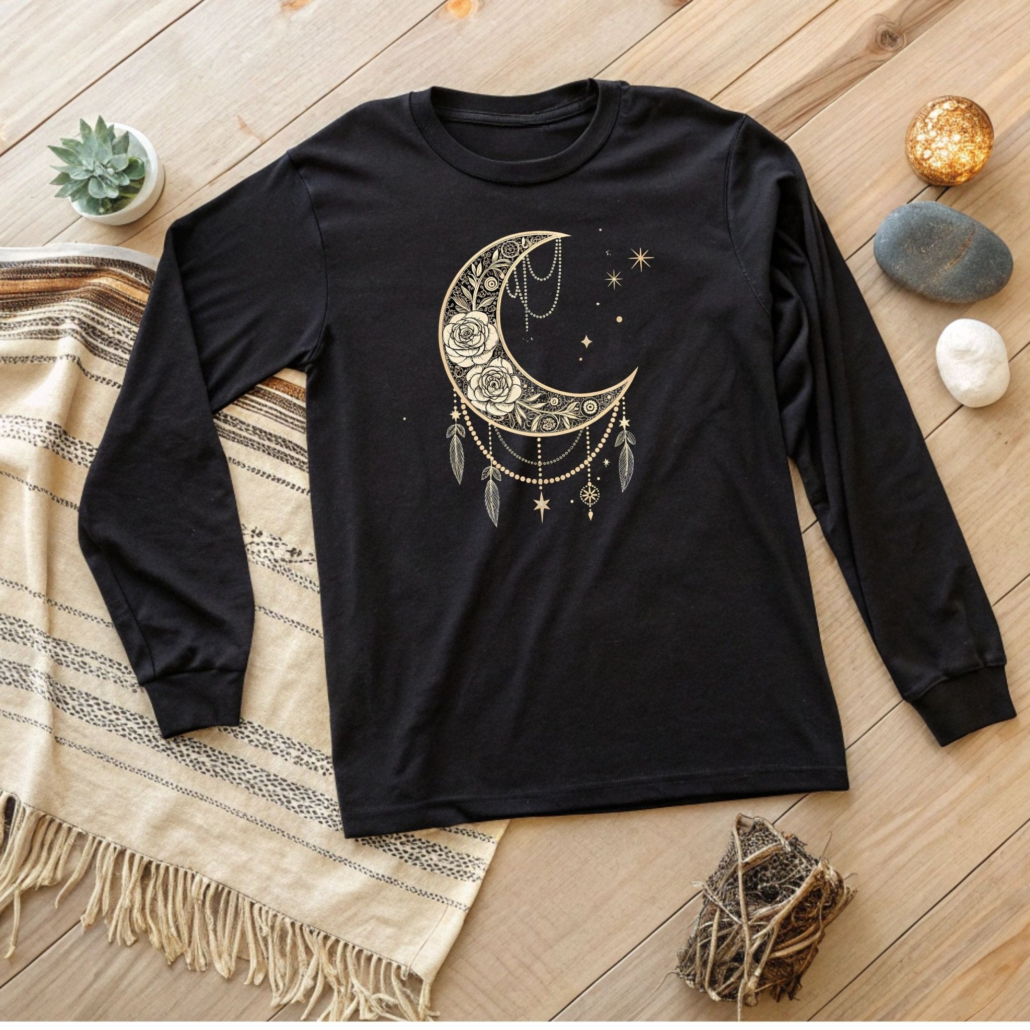 Celestial Moon & Roses Long Sleeve T-Shirt – Boho Chic Elegance - Craig Michael Design