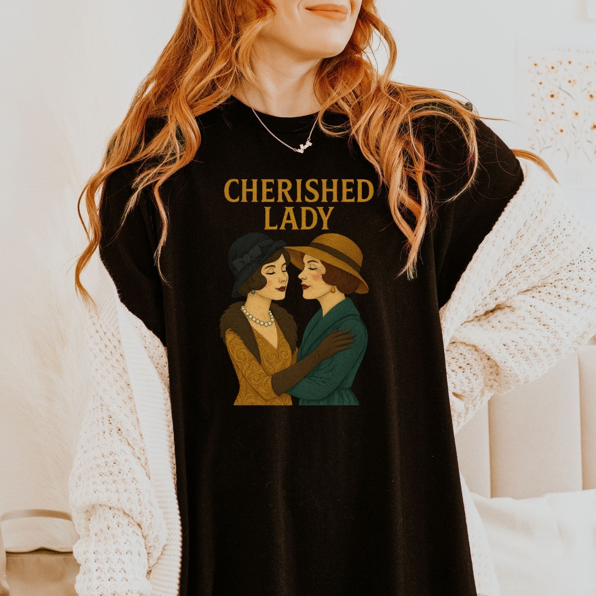 Cherished Lady Tee, 1920s Lesbian Couple T-Shirt, Embroidered Style Vintage Queer Gift, Sapphic Flapper Pride Shirt for Her - Craig Michael Design