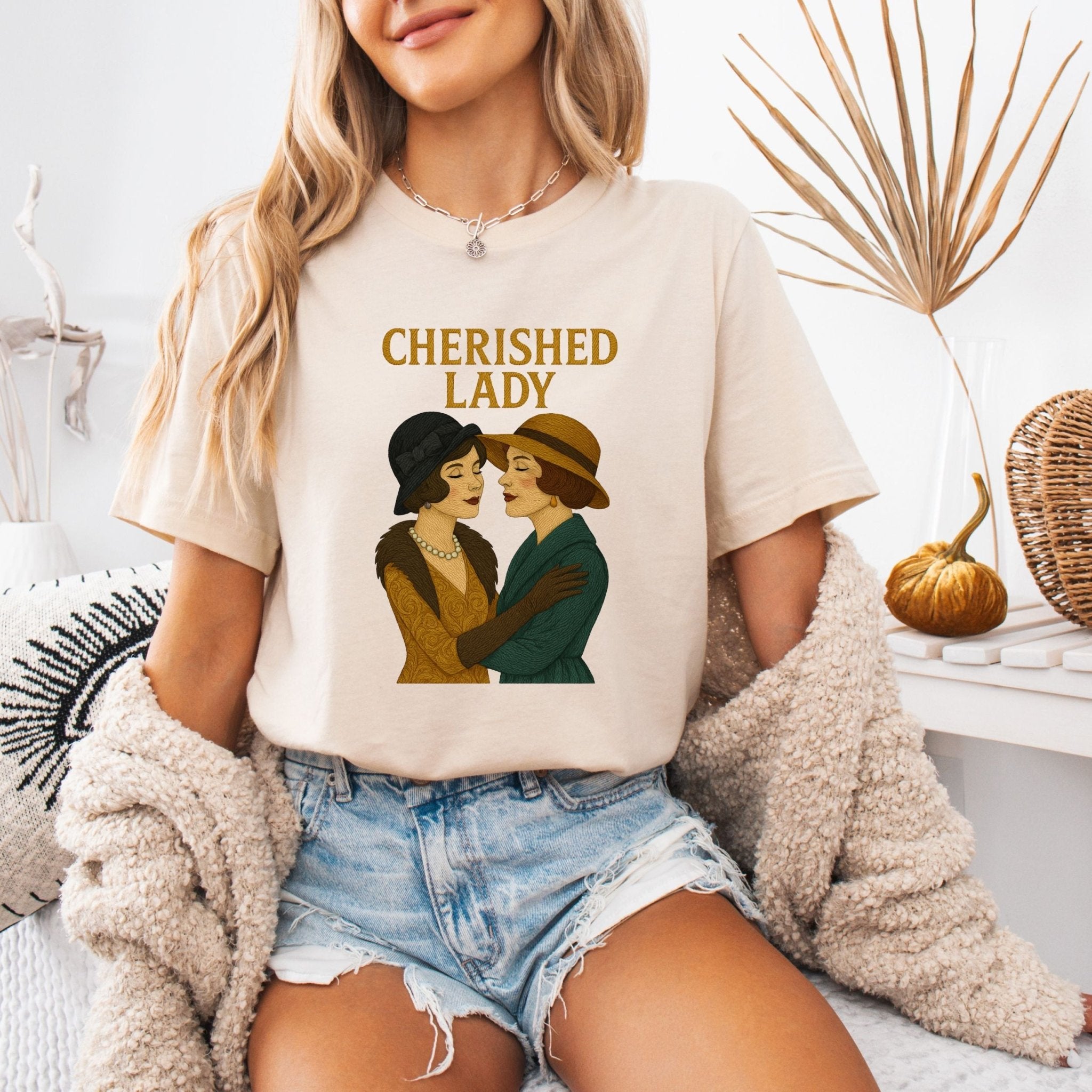 Cherished Lady Tee, 1920s Lesbian Couple T-Shirt, Embroidered Style Vintage Queer Gift, Sapphic Flapper Pride Shirt for Her - Craig Michael Design