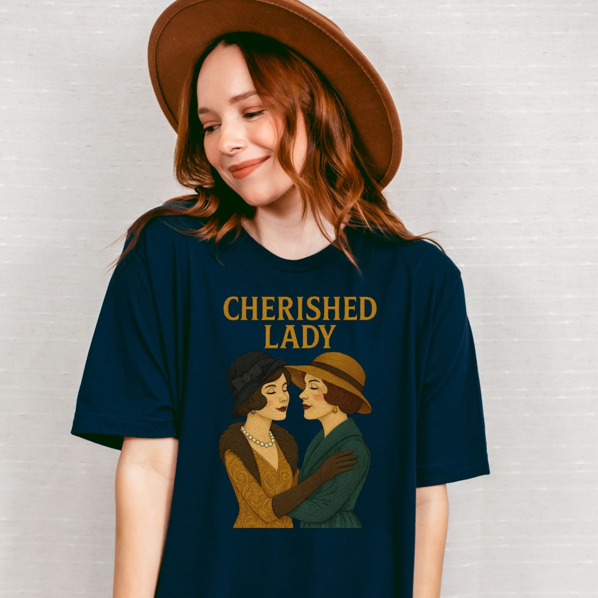 Cherished Lady Tee, 1920s Lesbian Couple T-Shirt, Embroidered Style Vintage Queer Gift, Sapphic Flapper Pride Shirt for Her - Craig Michael Design