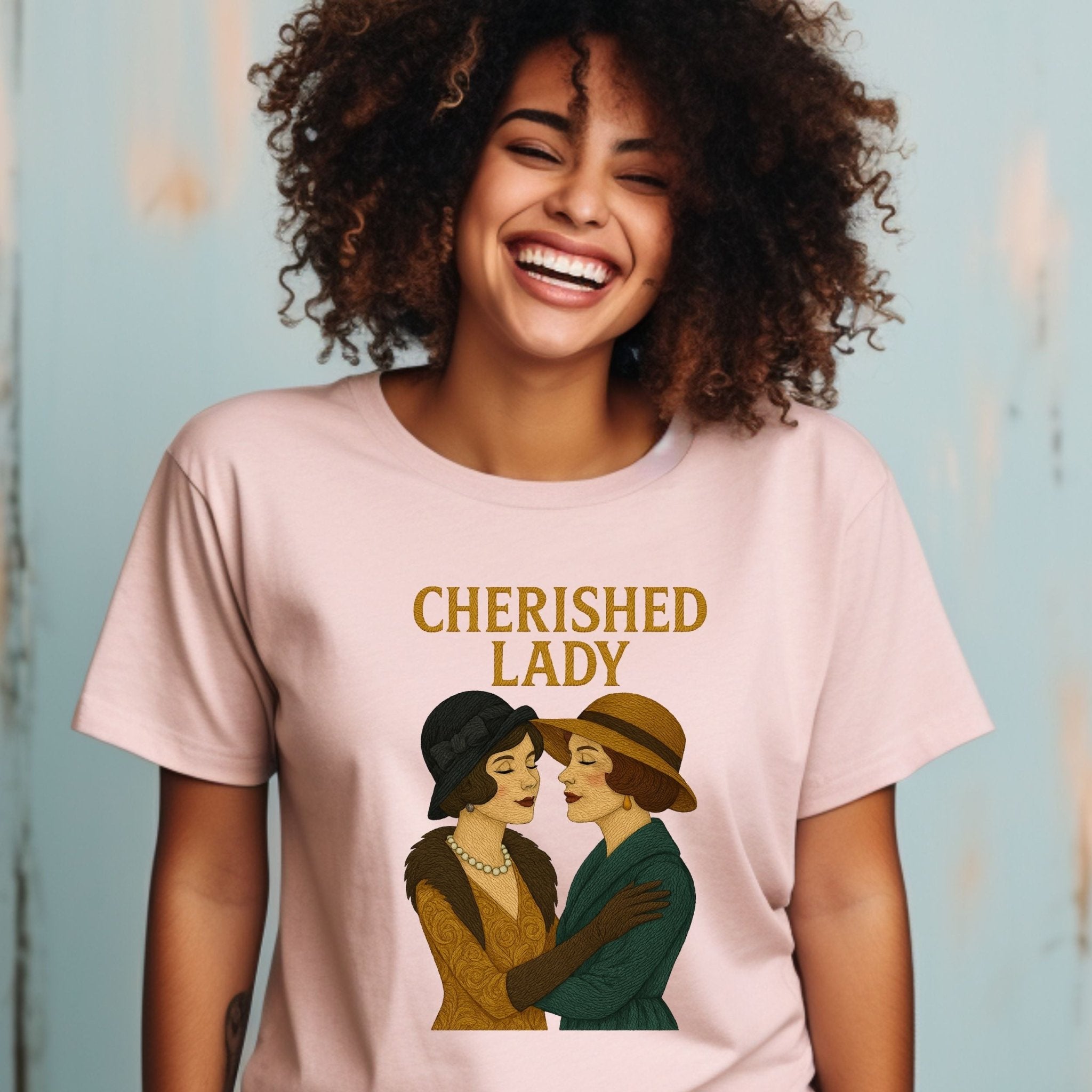 Cherished Lady Tee, 1920s Lesbian Couple T-Shirt, Embroidered Style Vintage Queer Gift, Sapphic Flapper Pride Shirt for Her - Craig Michael Design
