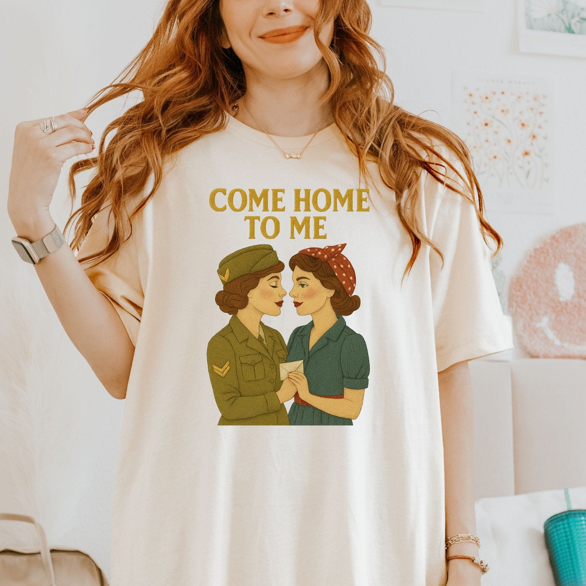 Come Home to Me Tee, 1940s Lesbian Couple T-Shirt, Embroidered Style Queer Longing Shirt, Vintage Wartime Pride Gift for Her - Craig Michael Design