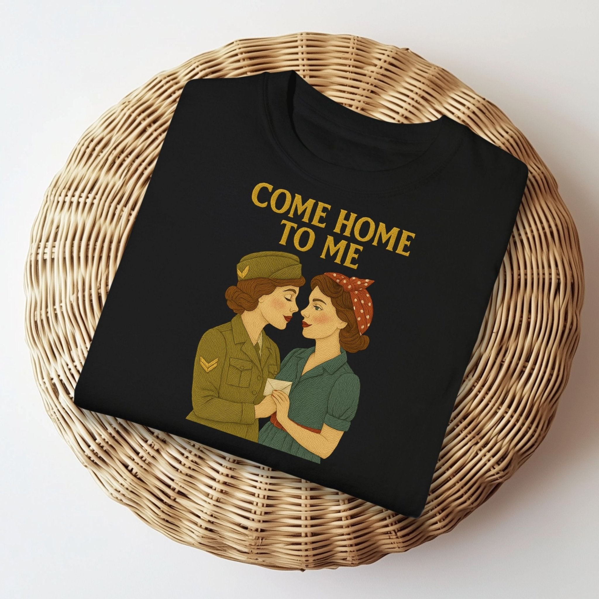Come Home to Me Tee, 1940s Lesbian Couple T-Shirt, Embroidered Style Queer Longing Shirt, Vintage Wartime Pride Gift for Her - Craig Michael Design