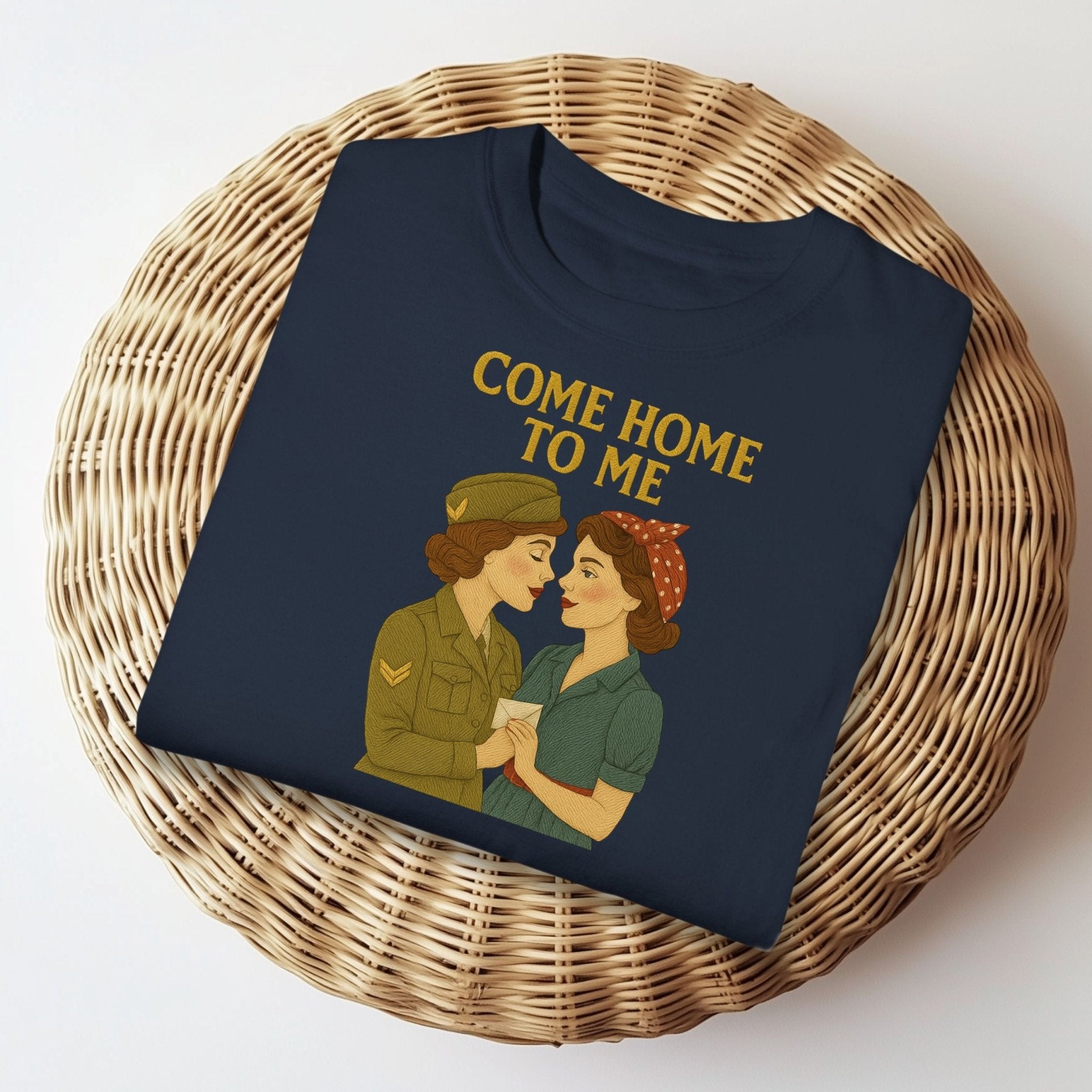 Come Home to Me Tee, 1940s Lesbian Couple T-Shirt, Embroidered Style Queer Longing Shirt, Vintage Wartime Pride Gift for Her - Craig Michael Design