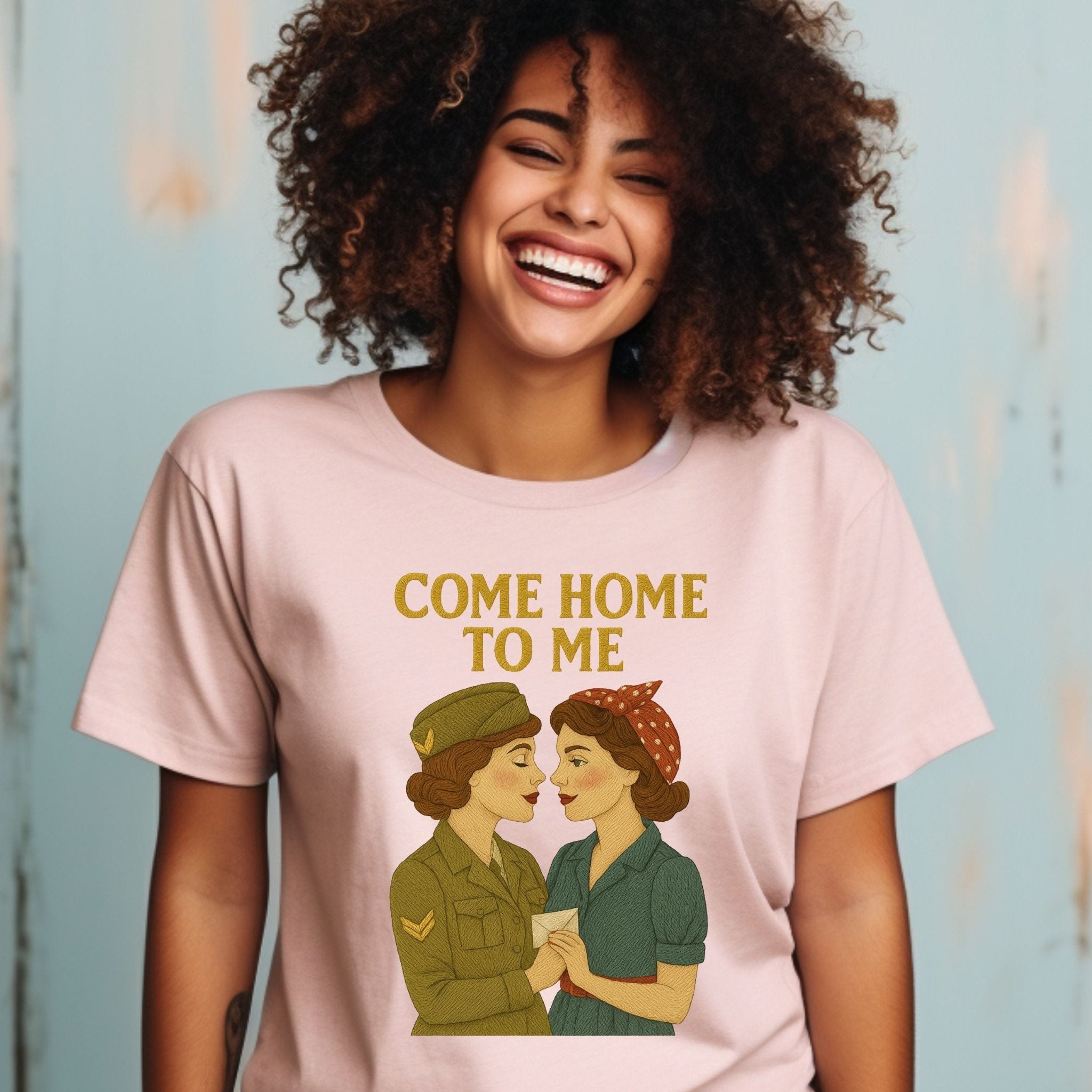 Come Home to Me Tee, 1940s Lesbian Couple T-Shirt, Embroidered Style Queer Longing Shirt, Vintage Wartime Pride Gift for Her - Craig Michael Design