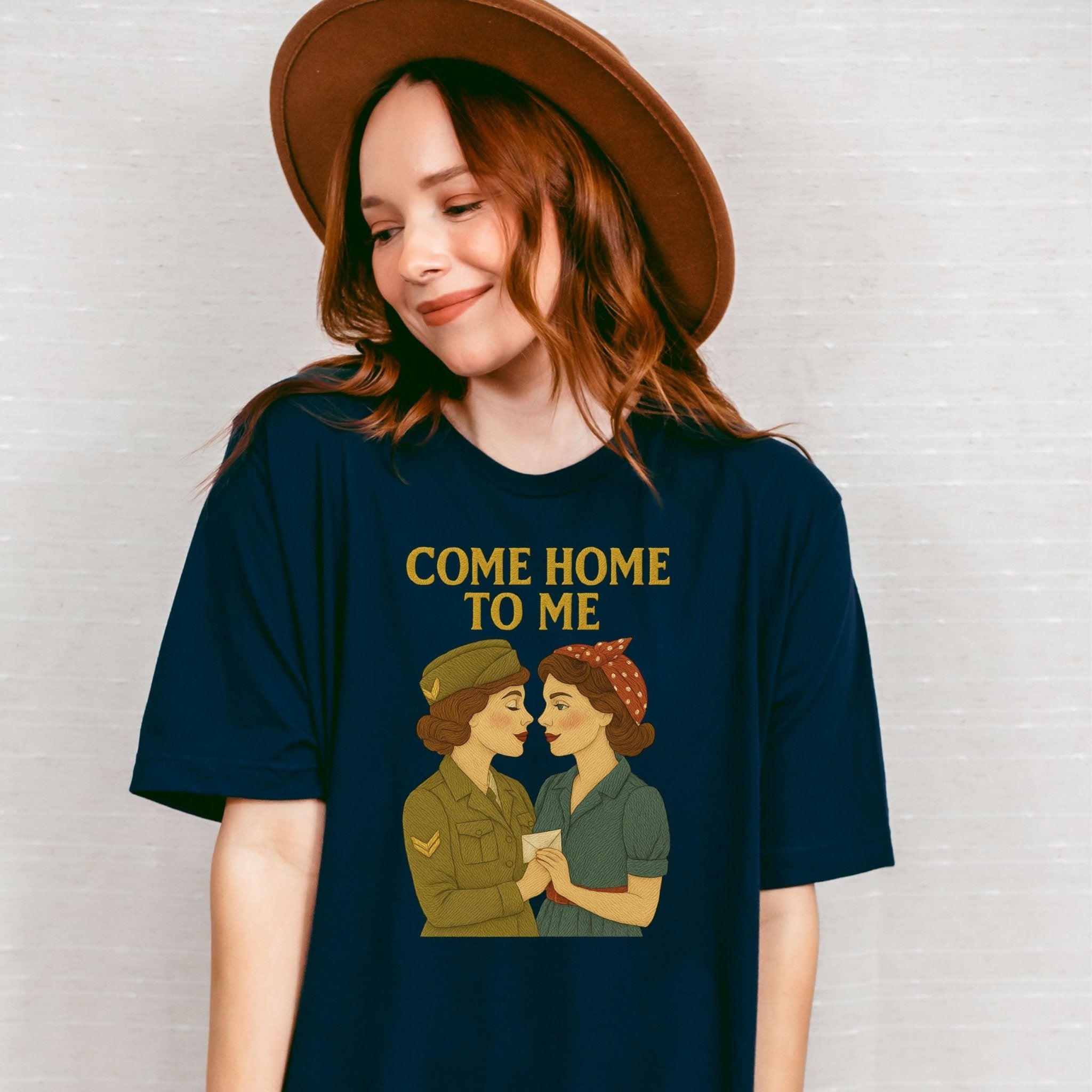 Come Home to Me Tee, 1940s Lesbian Couple T-Shirt, Embroidered Style Queer Longing Shirt, Vintage Wartime Pride Gift for Her - Craig Michael Design