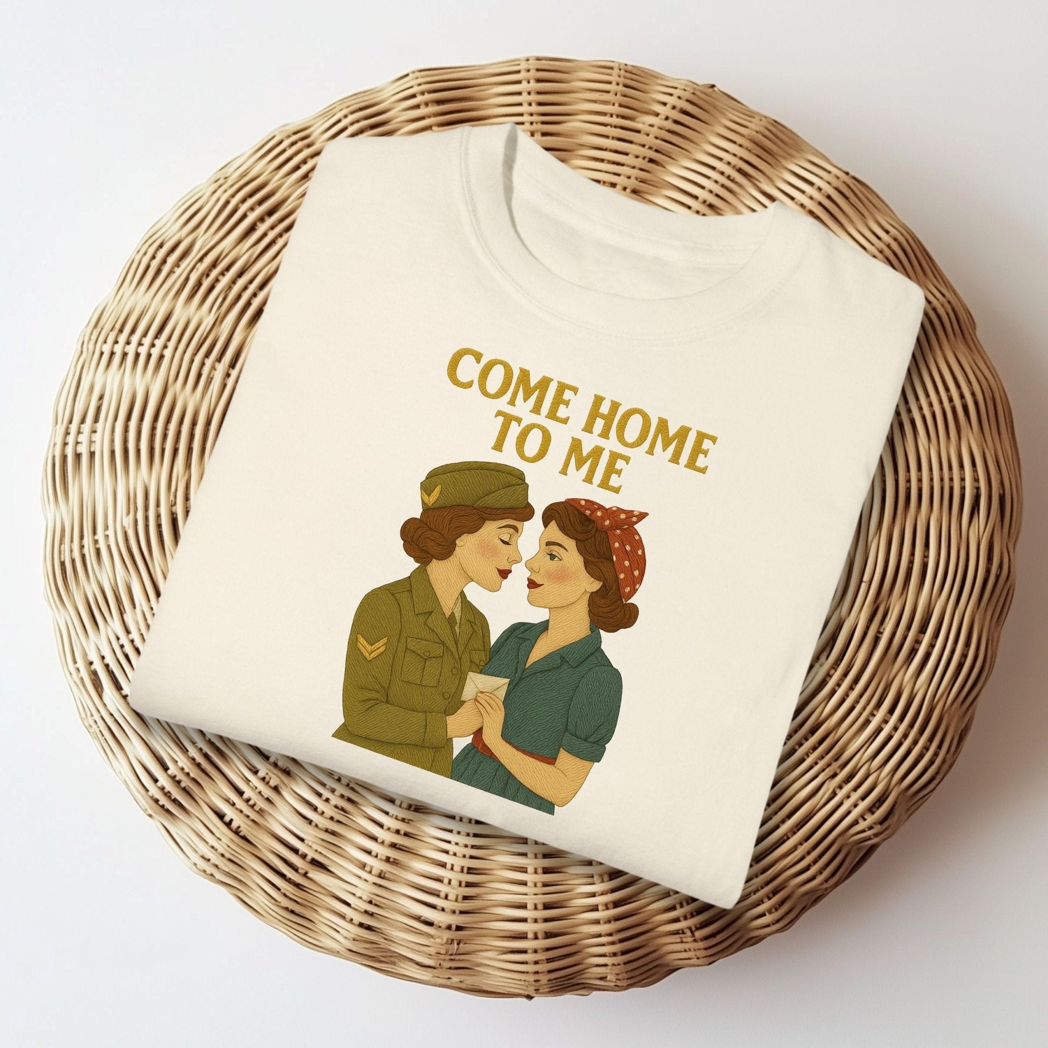 Come Home to Me Tee, 1940s Lesbian Couple T-Shirt, Embroidered Style Queer Longing Shirt, Vintage Wartime Pride Gift for Her - Craig Michael Design