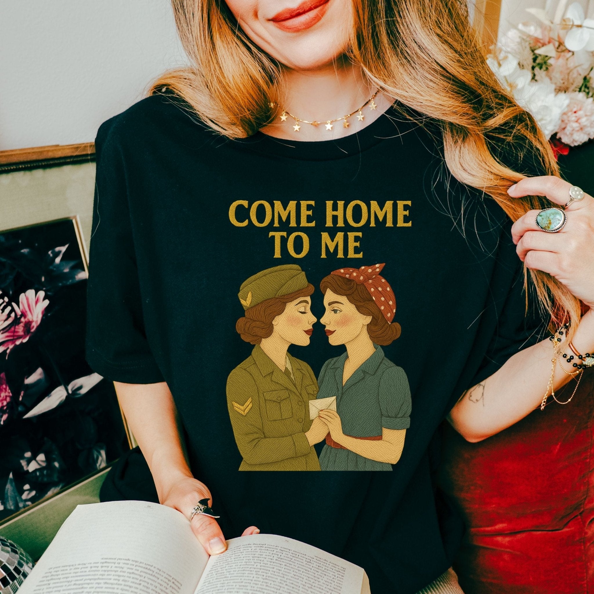 Come Home to Me Tee, 1940s Lesbian Couple T-Shirt, Embroidered Style Queer Longing Shirt, Vintage Wartime Pride Gift for Her - Craig Michael Design