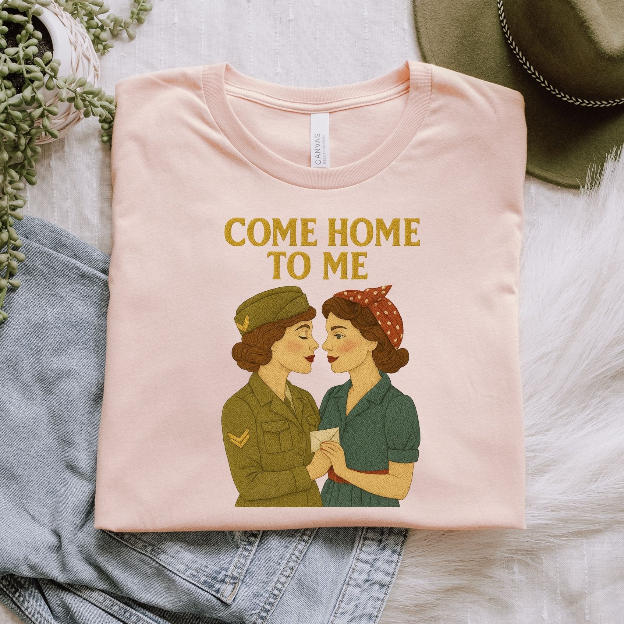 Come Home to Me Tee, 1940s Lesbian Couple T-Shirt, Embroidered Style Queer Longing Shirt, Vintage Wartime Pride Gift for Her - Craig Michael Design