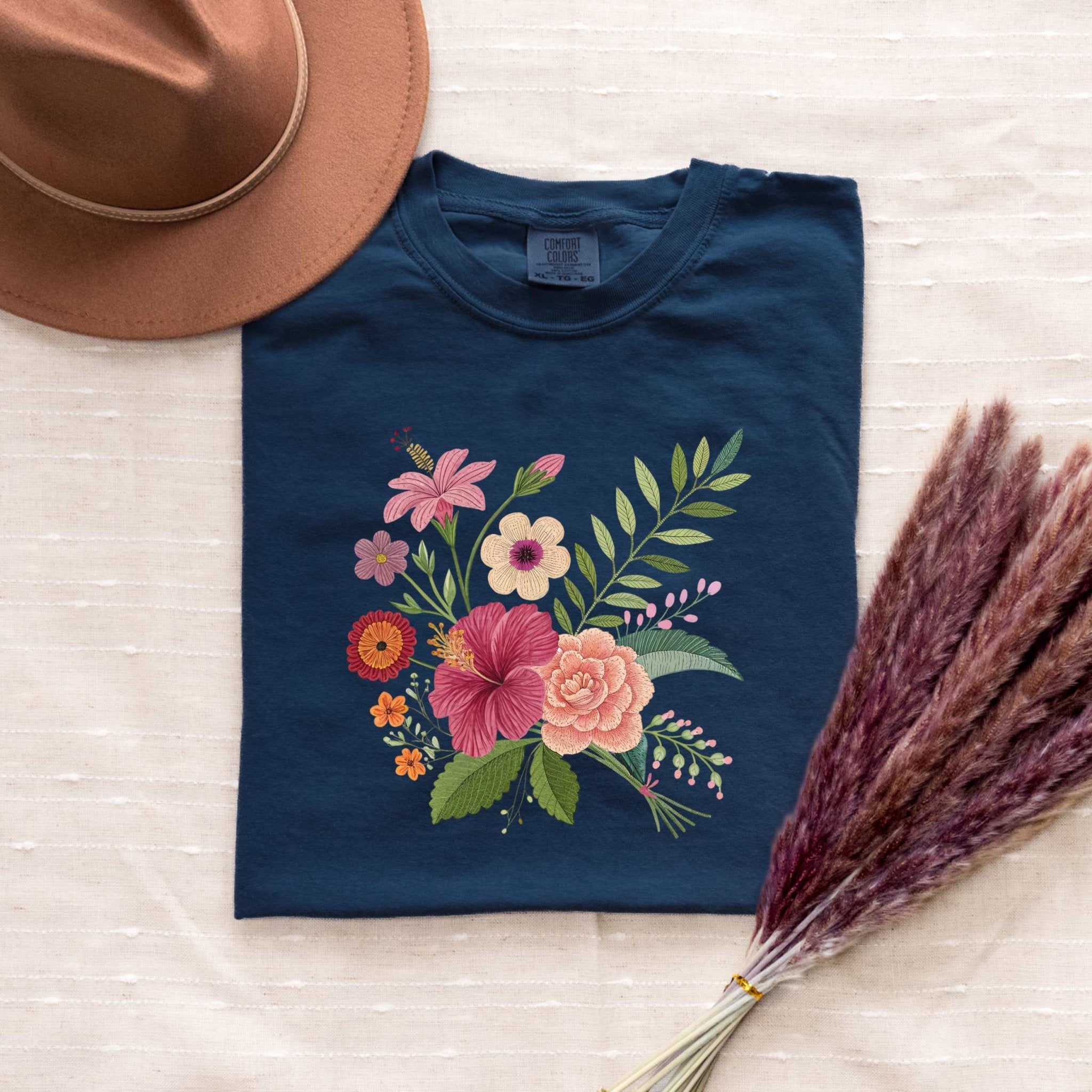 Cottagecore Floral Bouquet T-Shirt, Embroidery Style Flower Design - Craig Michael Design