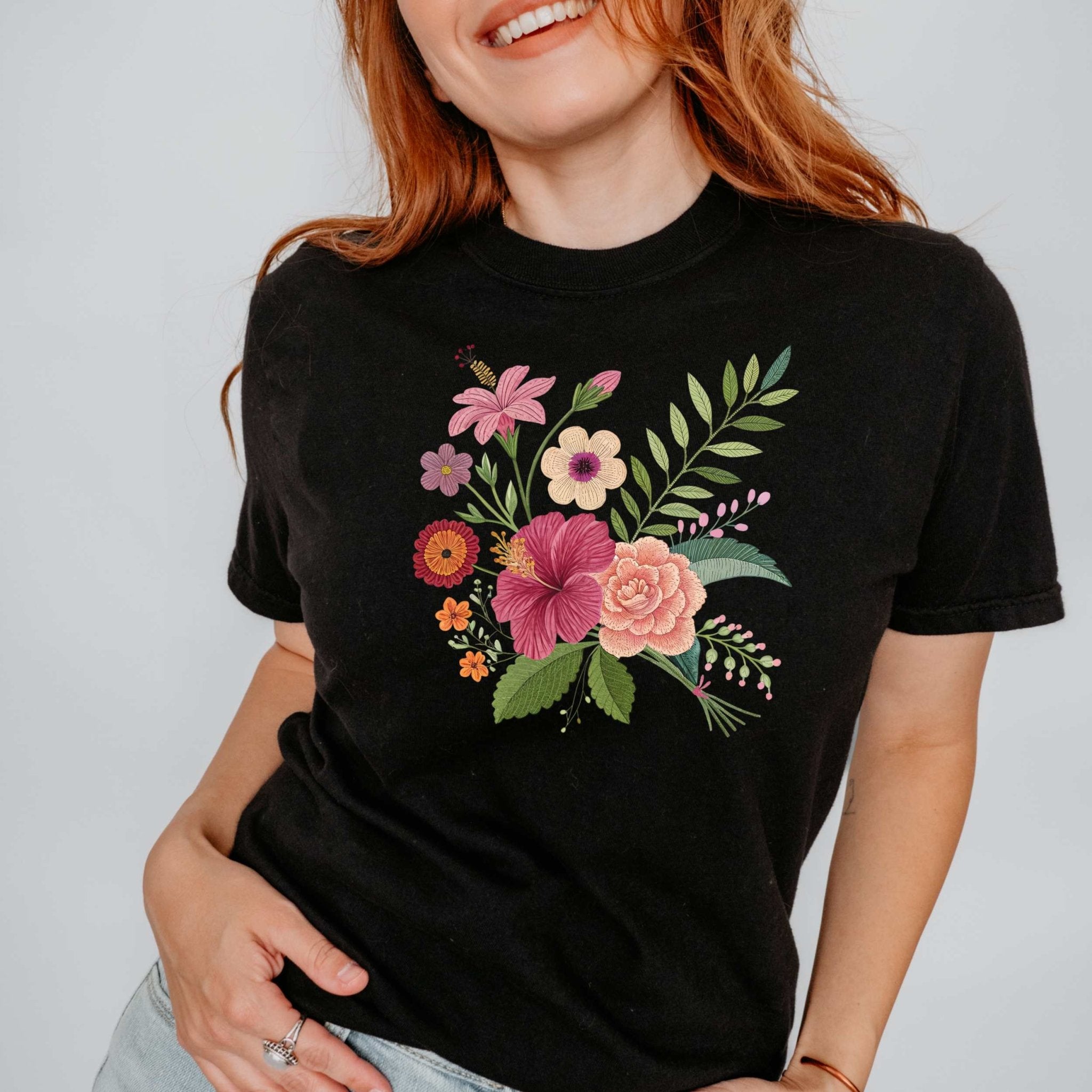 Cottagecore Floral Bouquet T-Shirt, Embroidery Style Flower Design - Craig Michael Design