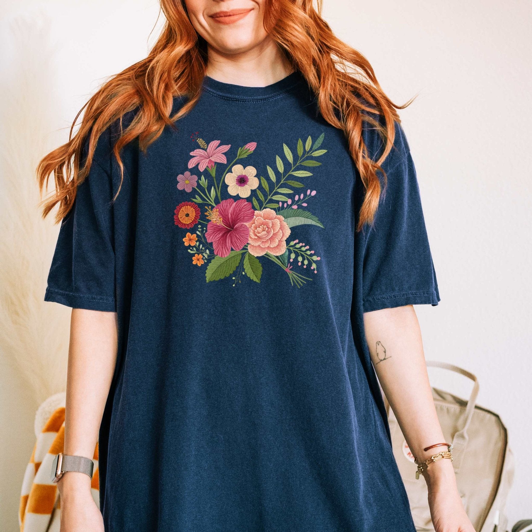 Cottagecore Floral Bouquet T-Shirt, Embroidery Style Flower Design - Craig Michael Design
