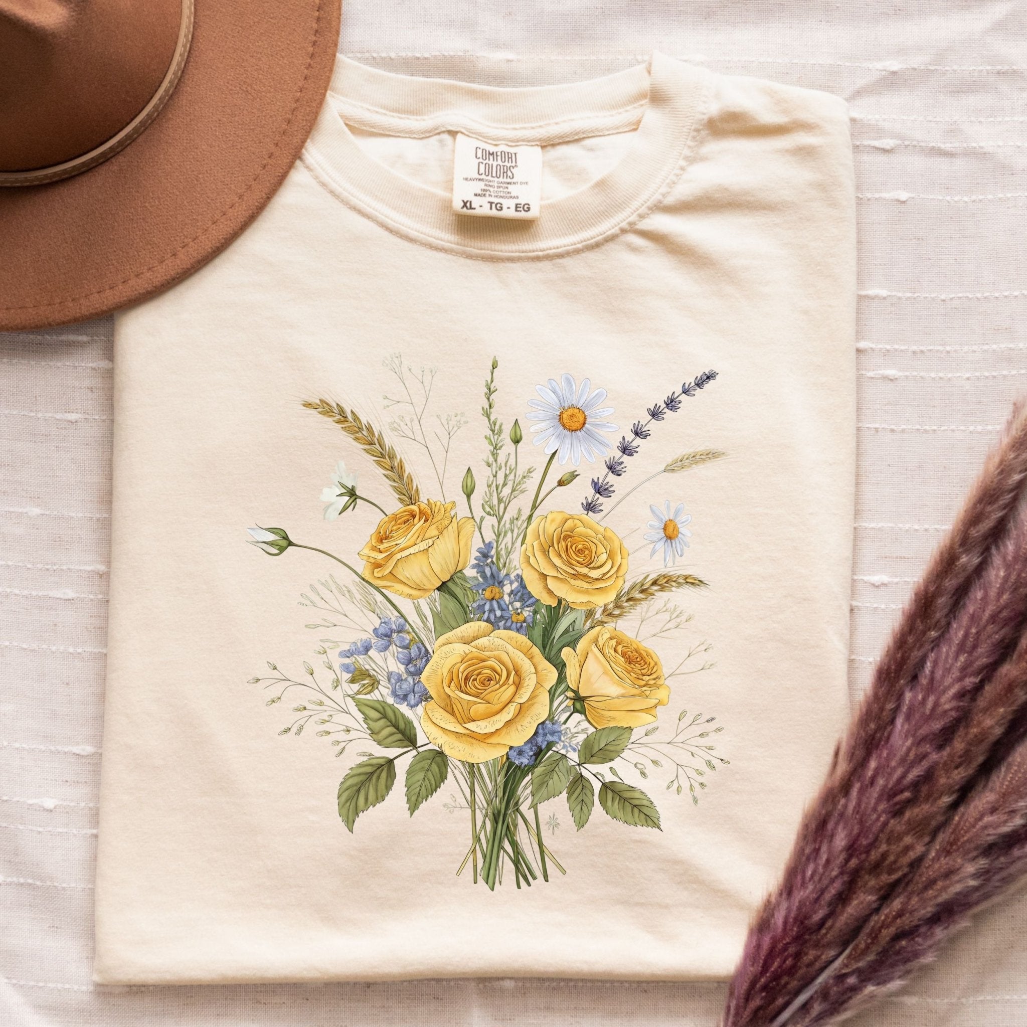 Cottagecore Floral Bouquet T-Shirt, Yellow Rose and Lavender Tee - Craig Michael Design