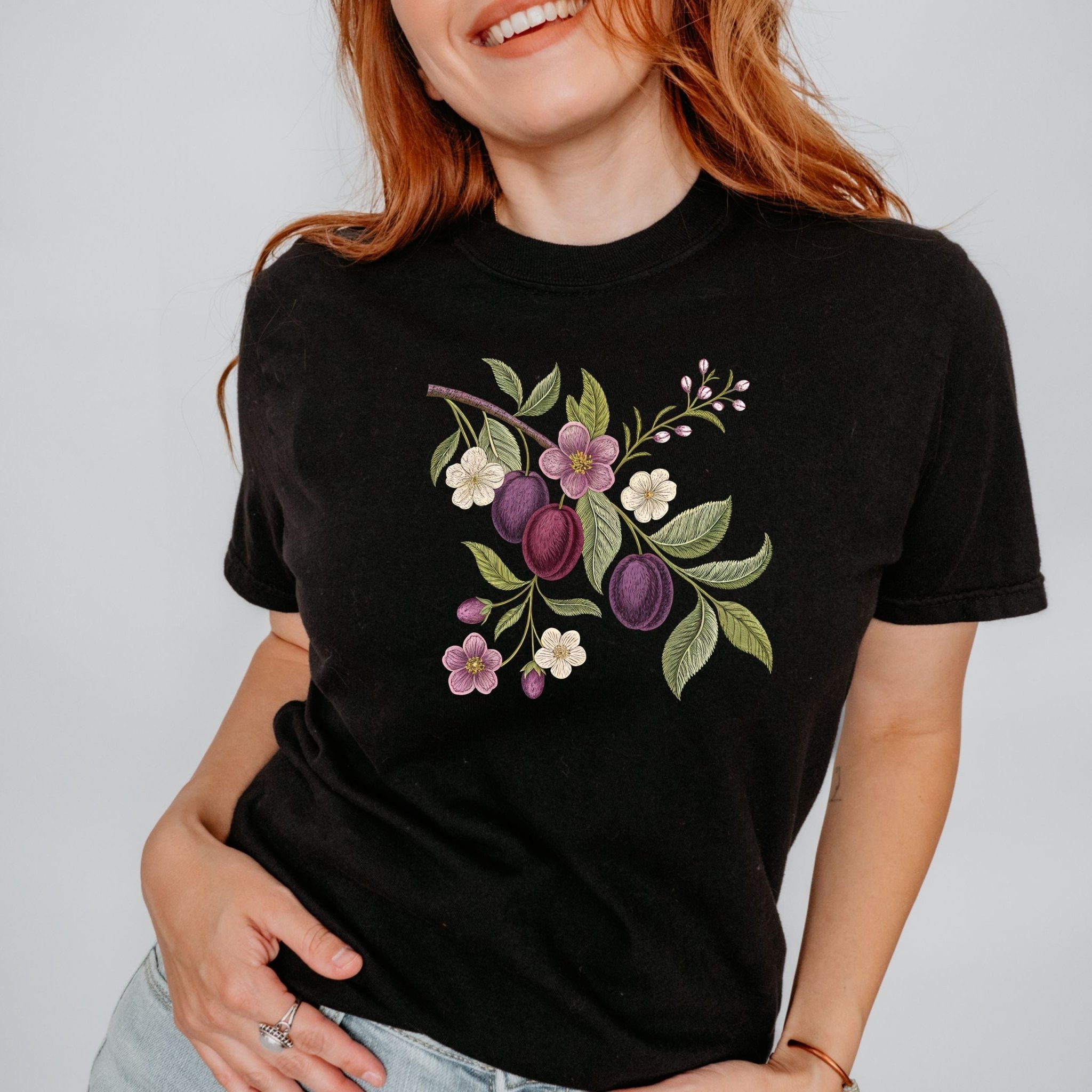 Cottagecore Plum T-Shirt – Embroidered Style Fruit Design - Craig Michael Design