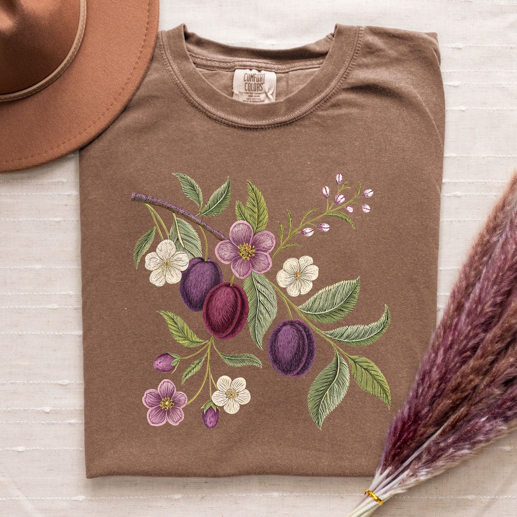 Cottagecore Plum T-Shirt – Embroidered Style Fruit Design - Craig Michael Design