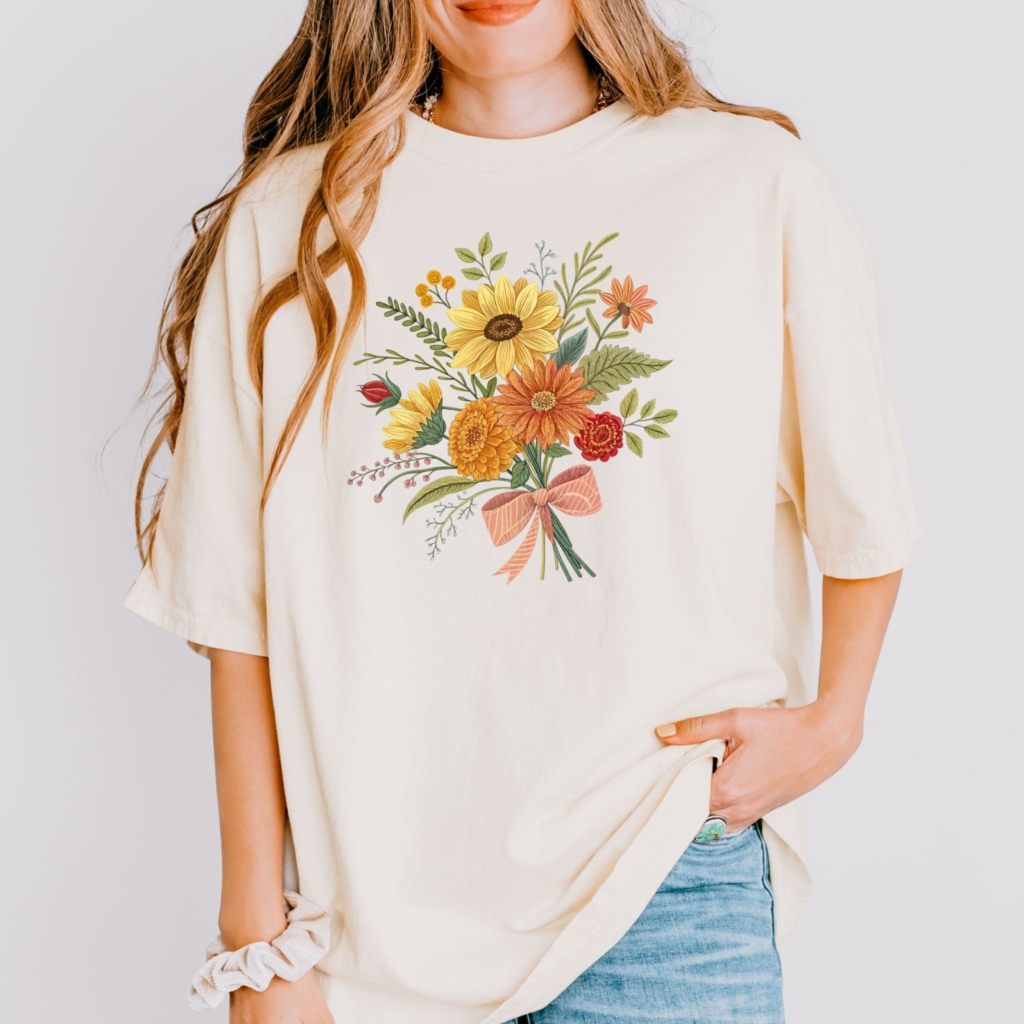 Cottagecore Sunflower Bouquet T-Shirt, Embroidery Style - Craig Michael Design