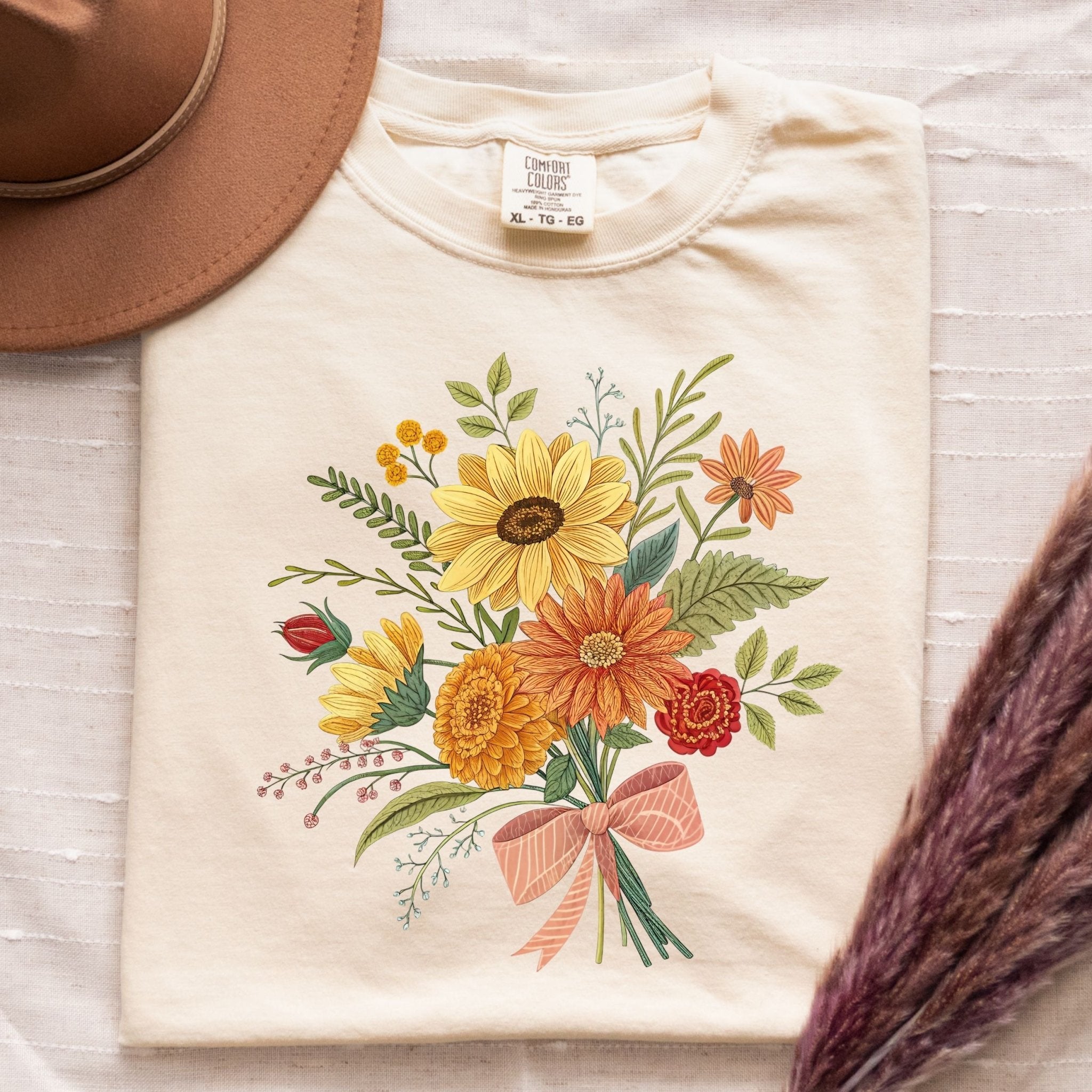 Cottagecore Sunflower Bouquet T-Shirt, Embroidery Style - Craig Michael Design