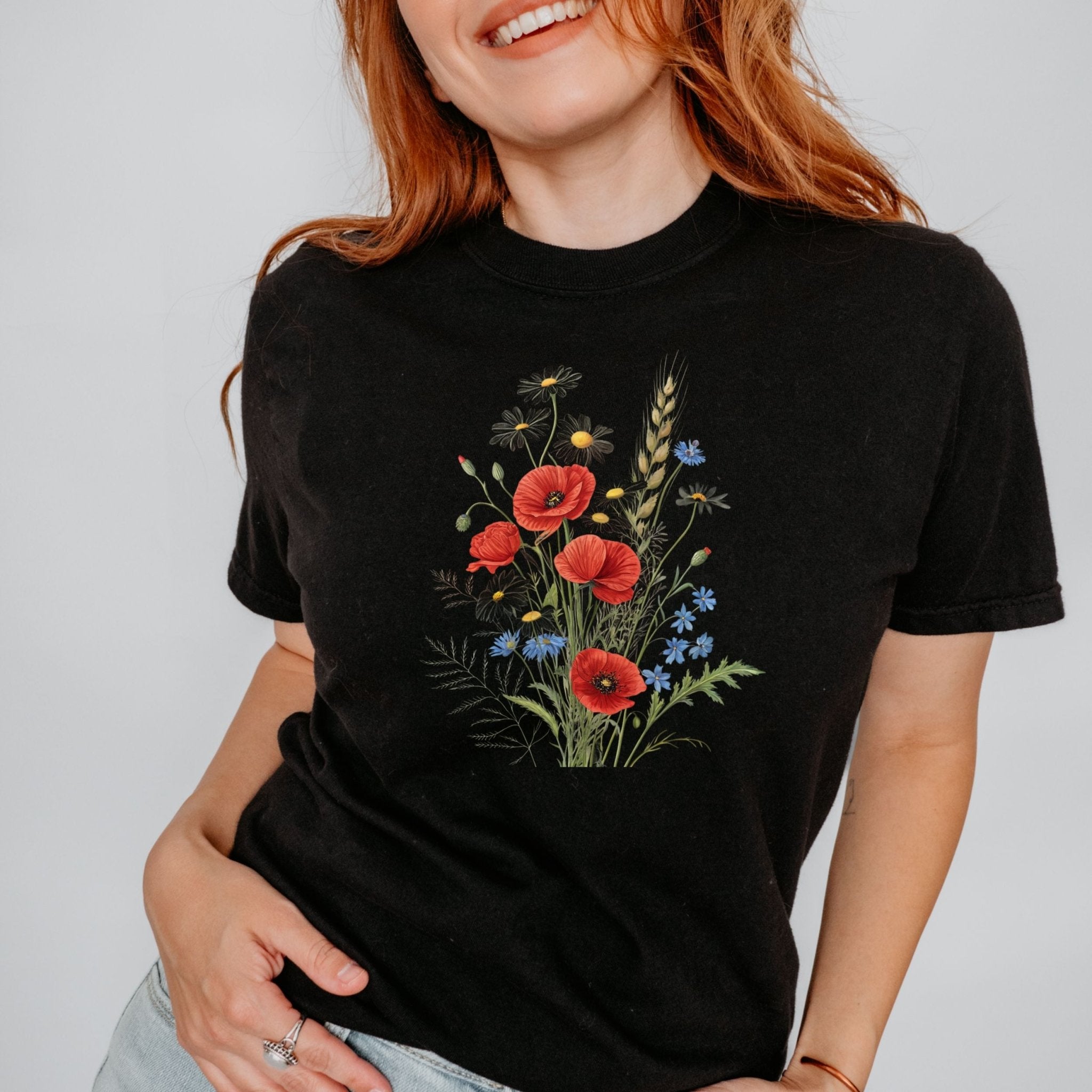 Cottagecore Wildflower Bouquet T-Shirt, Poppy and Daisy Floral Tee - Craig Michael Design