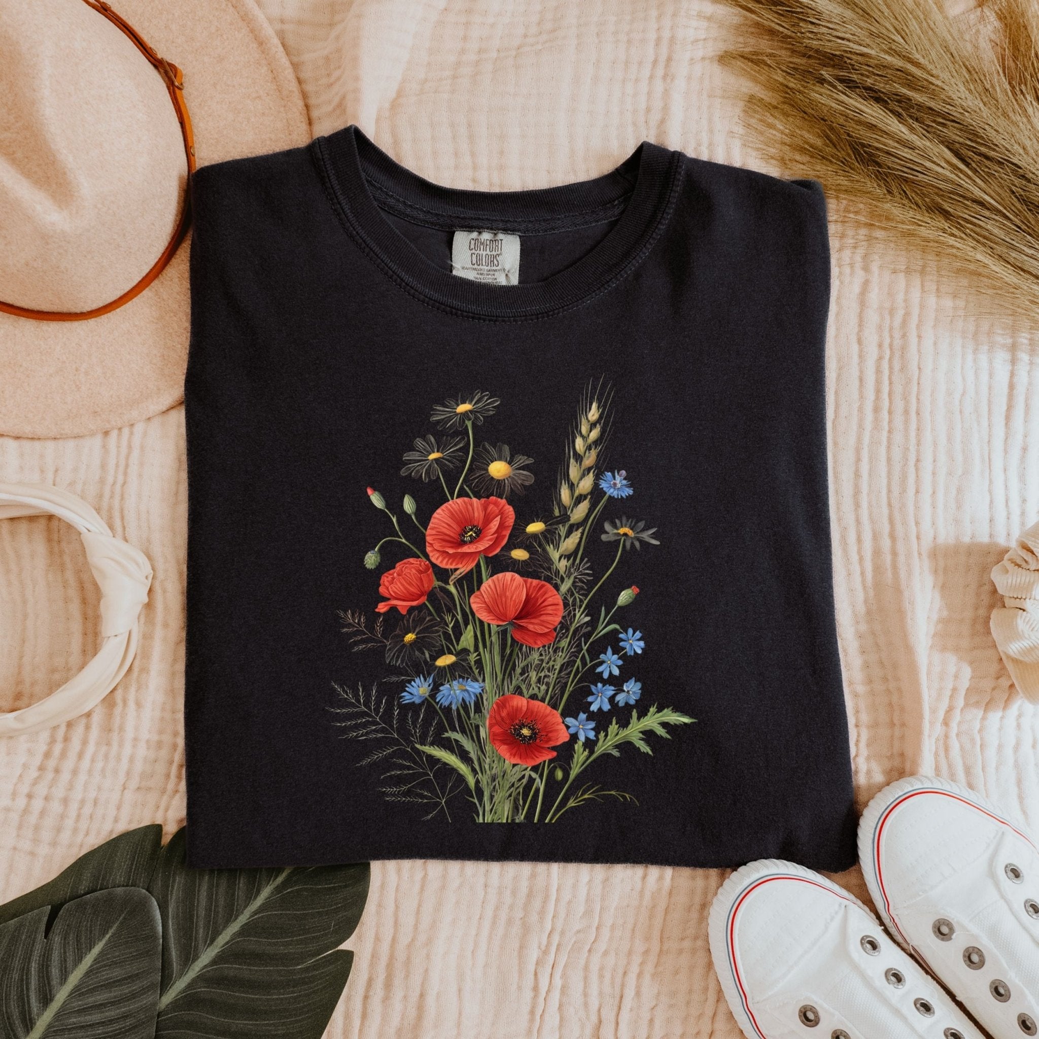 Cottagecore Wildflower Bouquet T-Shirt, Poppy and Daisy Floral Tee - Craig Michael Design
