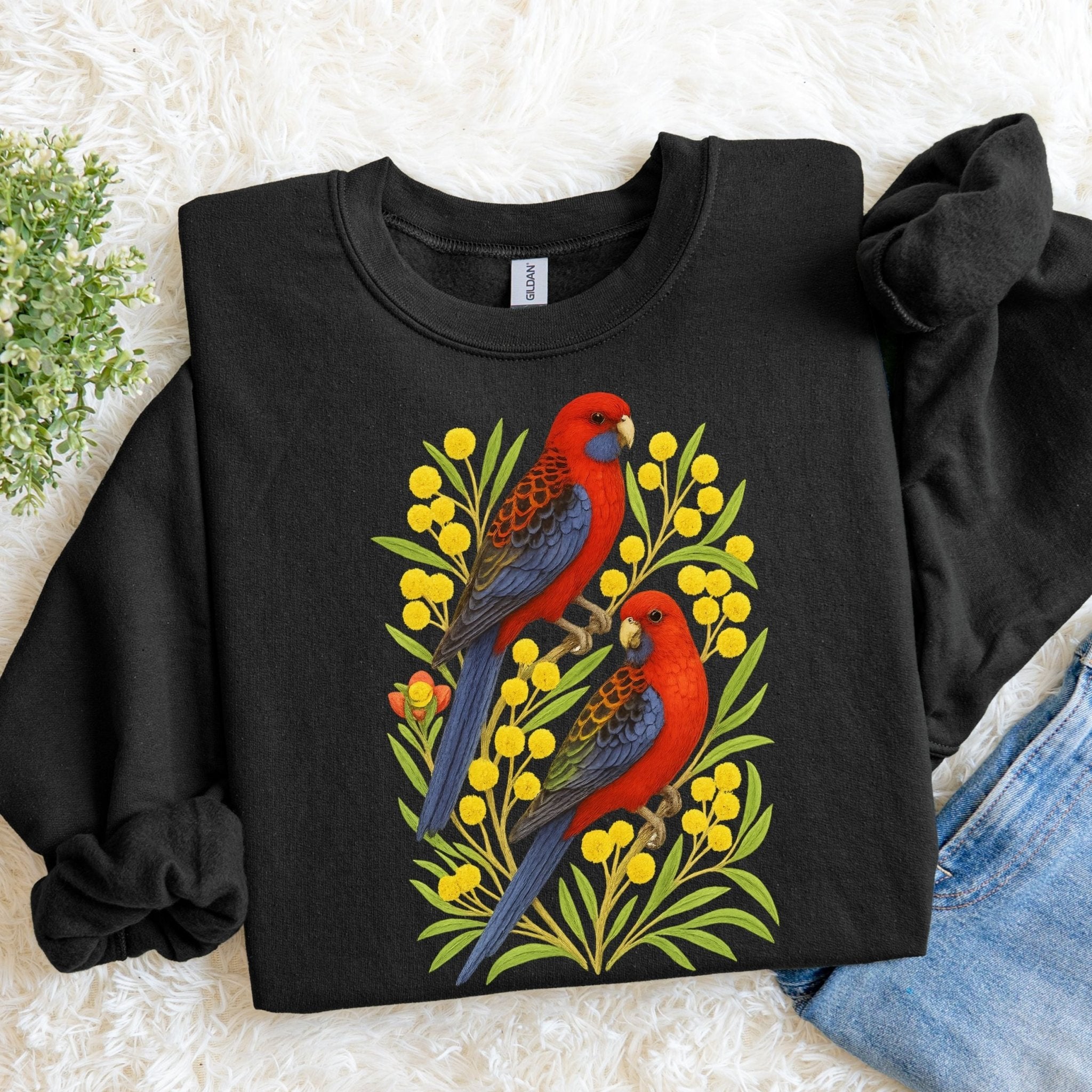 Crimson Rosella Sweatshirt – Parrot & Wattle Flower - Craig Michael Design
