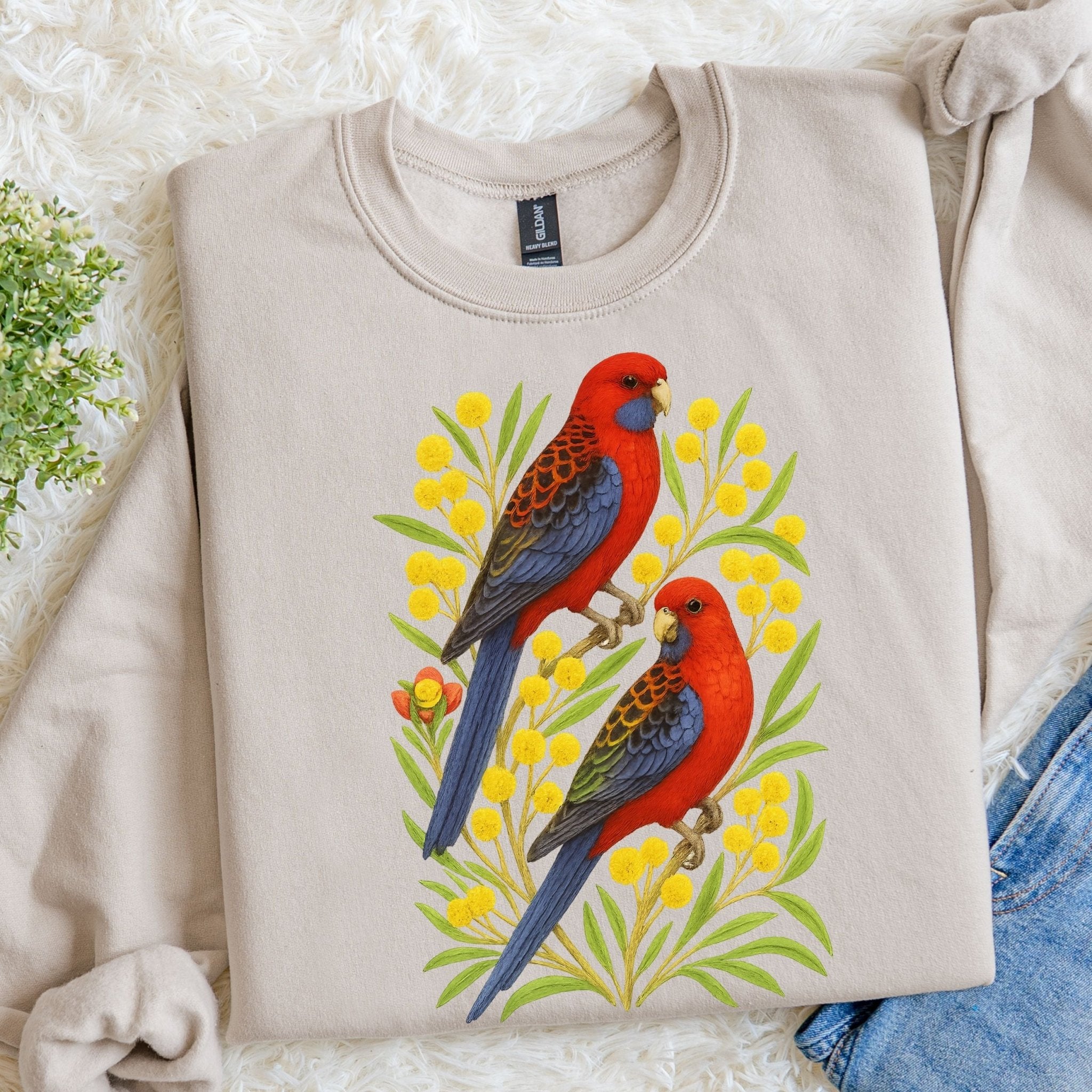 Crimson Rosella Sweatshirt – Parrot & Wattle Flower - Craig Michael Design
