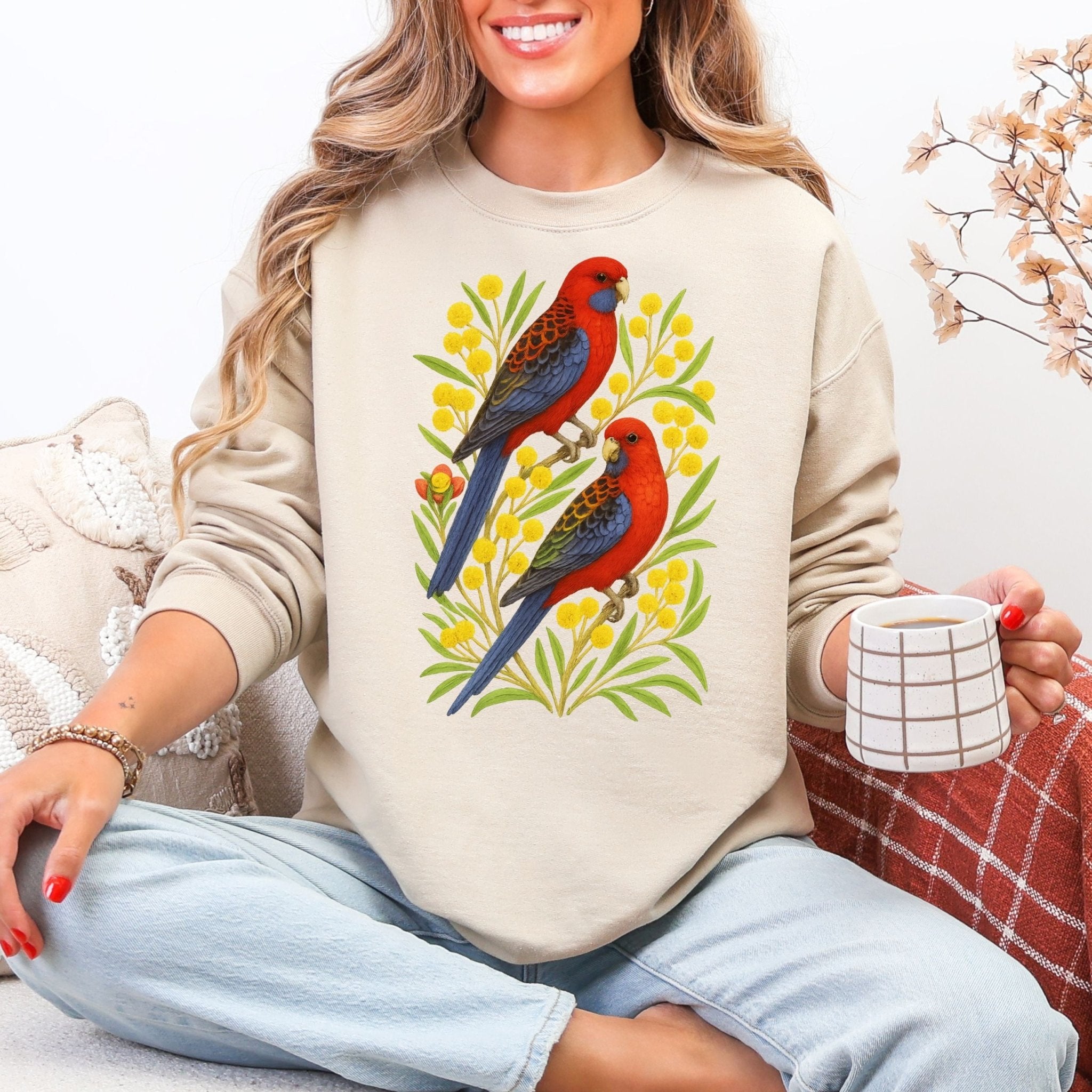 Crimson Rosella Sweatshirt – Parrot & Wattle Flower - Craig Michael Design