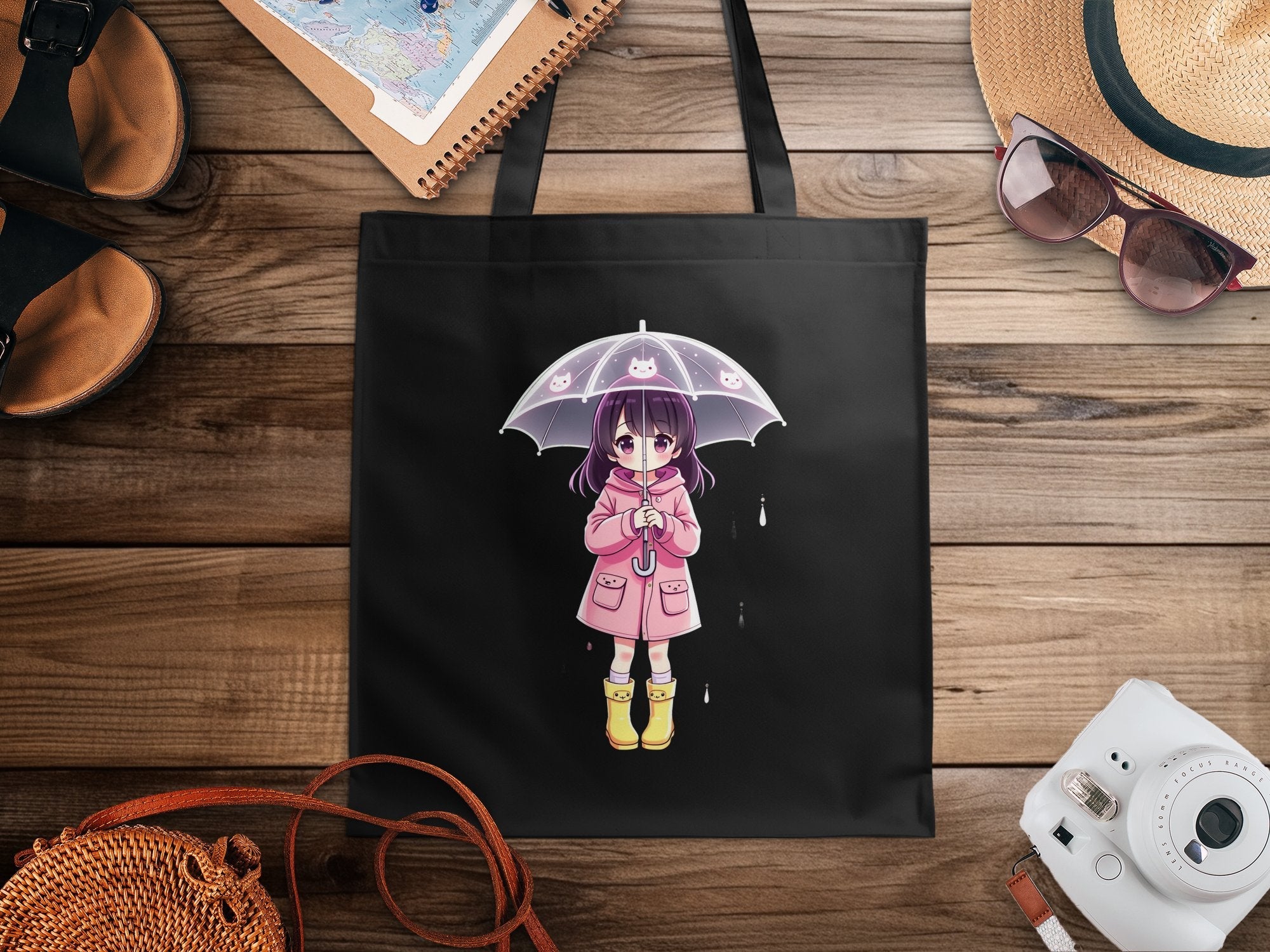 Cute Anime Girl with Umbrella Tote Bag, Kawaii Pink Coat Yellow Boots Anime Character Bag, Adorable Anime Accessories Gift - Craig Michael Design