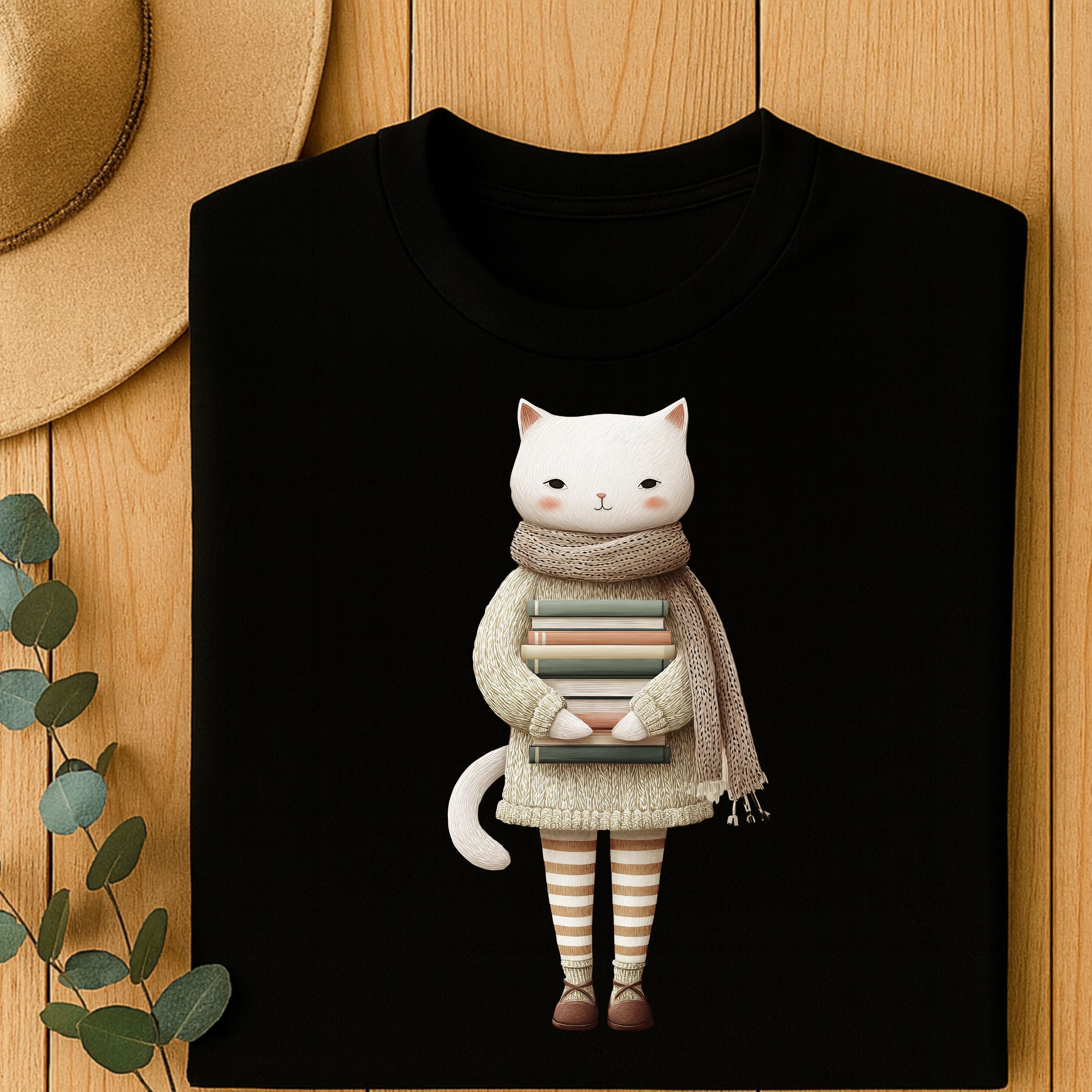 Cute Cat Holding Books Adorable Design Shirt