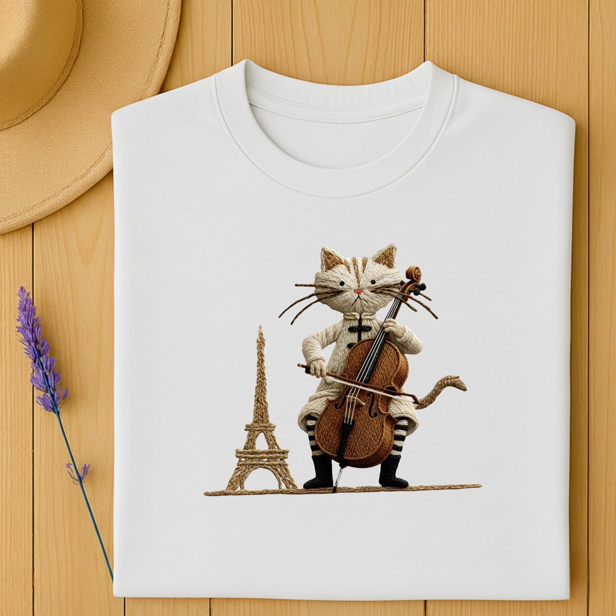 Cute Cat Playing Cello with Eiffel Tower Design Shirt