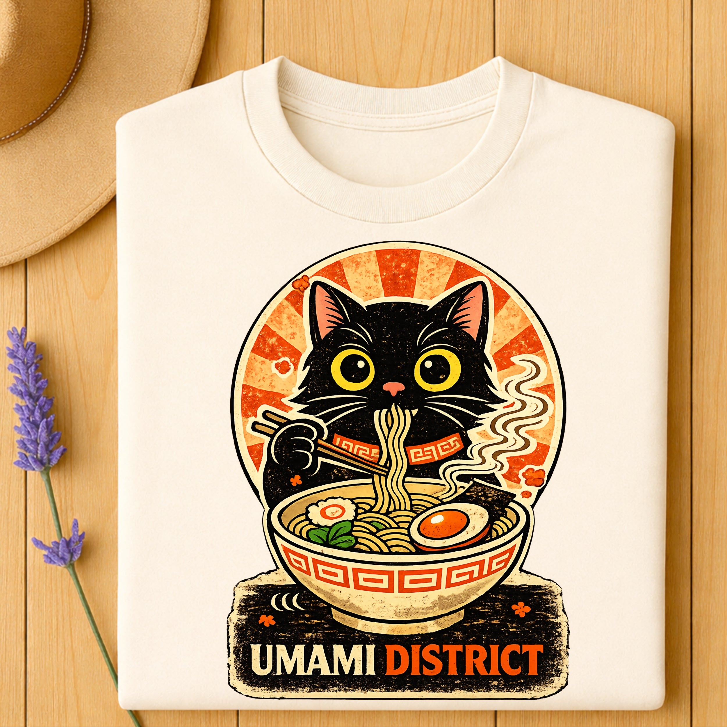 Umami District Cat Eating Noodles Graphic T-shirt