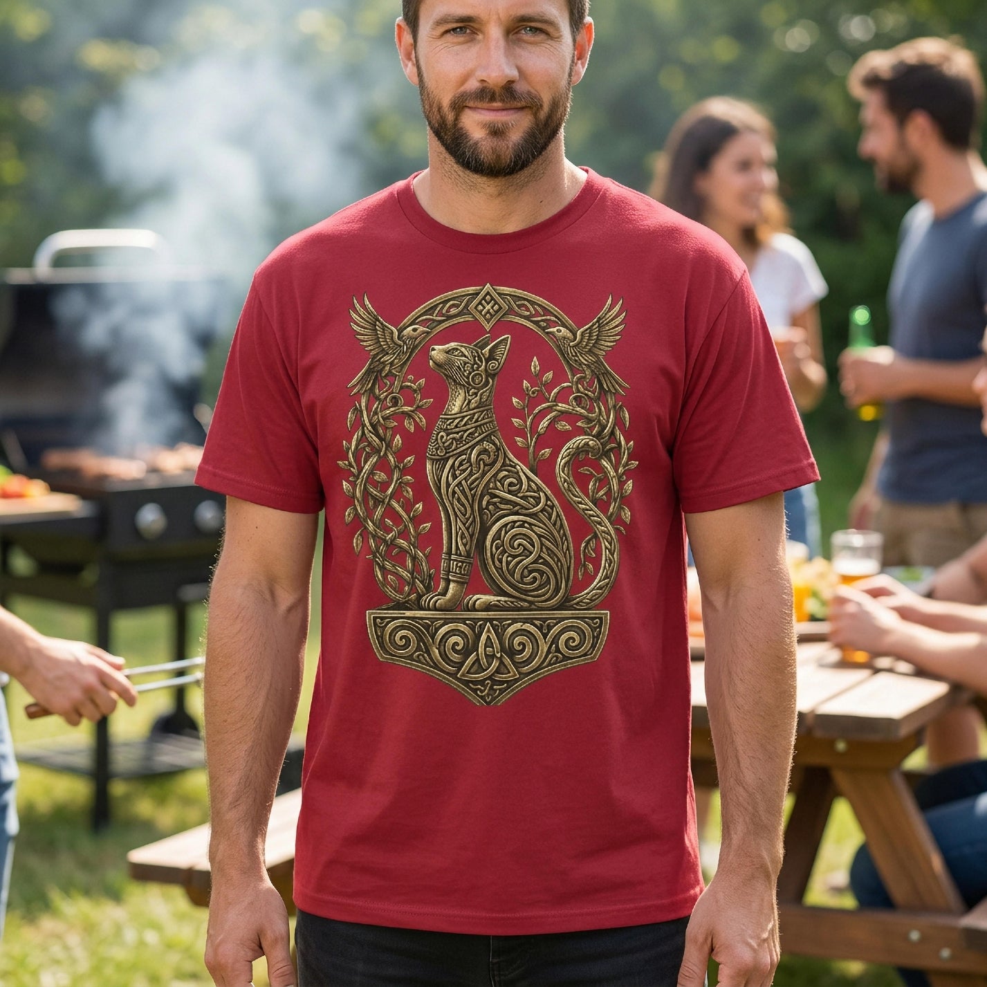Red t-shirt with ornate golden cat and bird design.