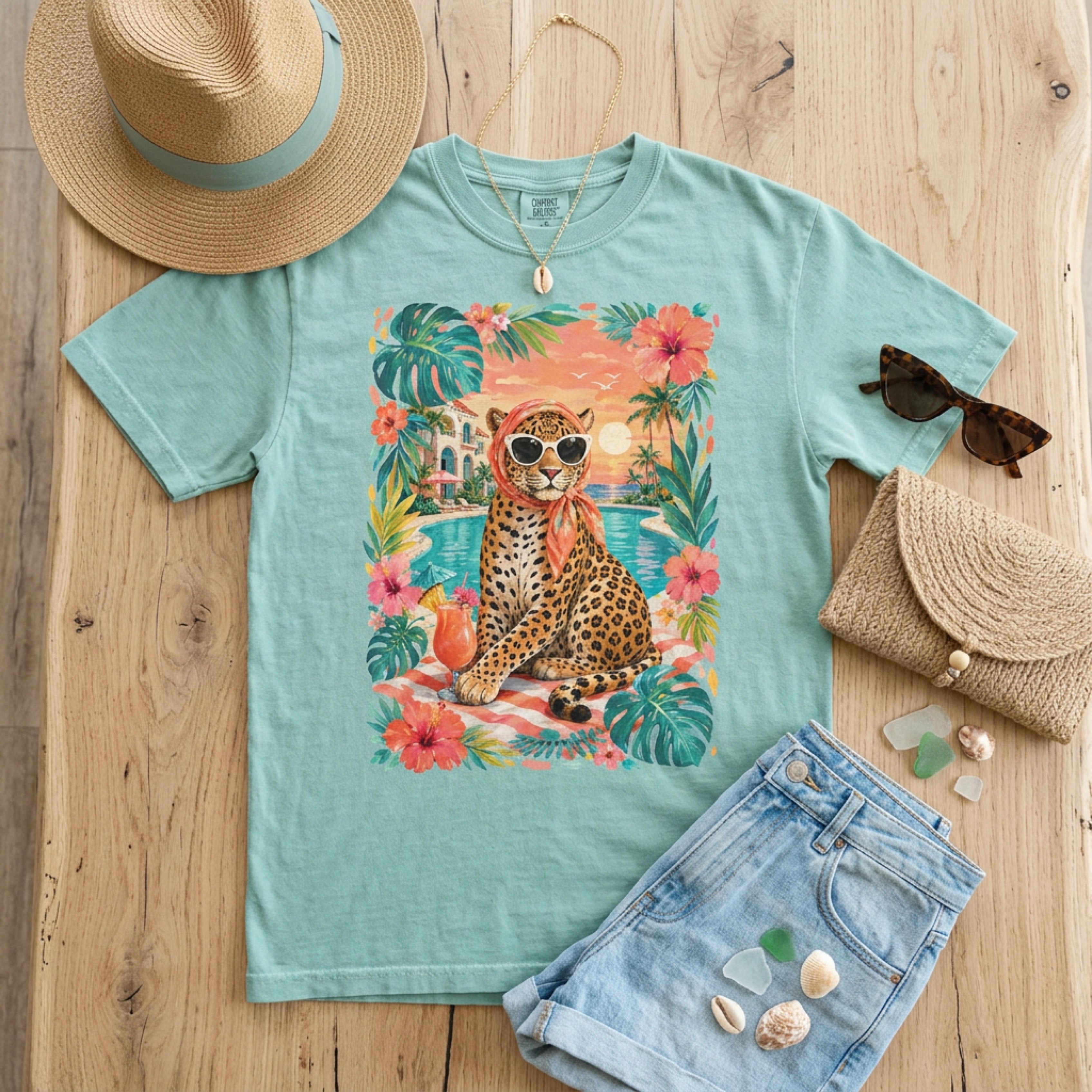 Leopard in sunglasses on a lounge chair with a tropical drink and beach accessories.