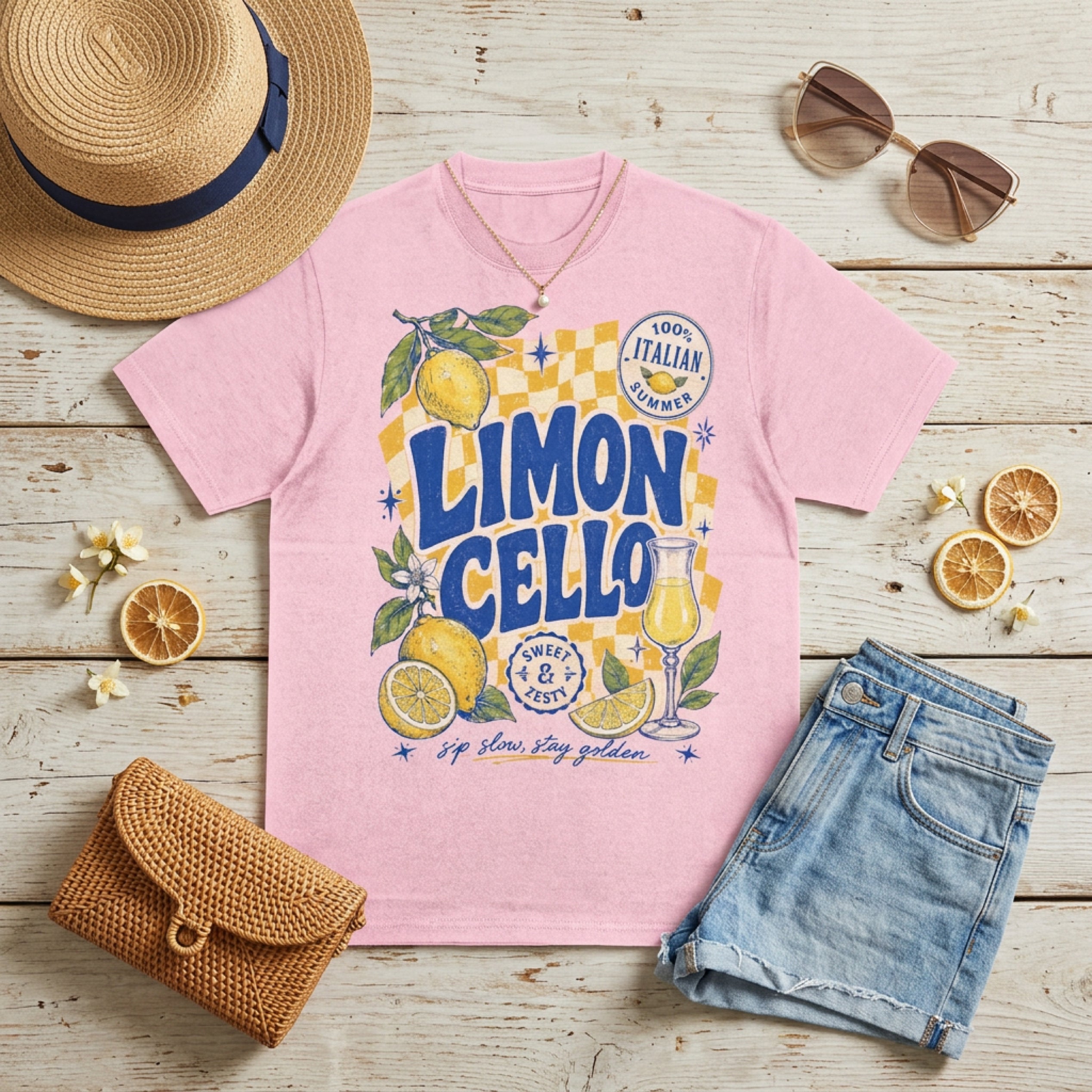 Pink t-shirt with Limoncello graphic and Italian summer text.