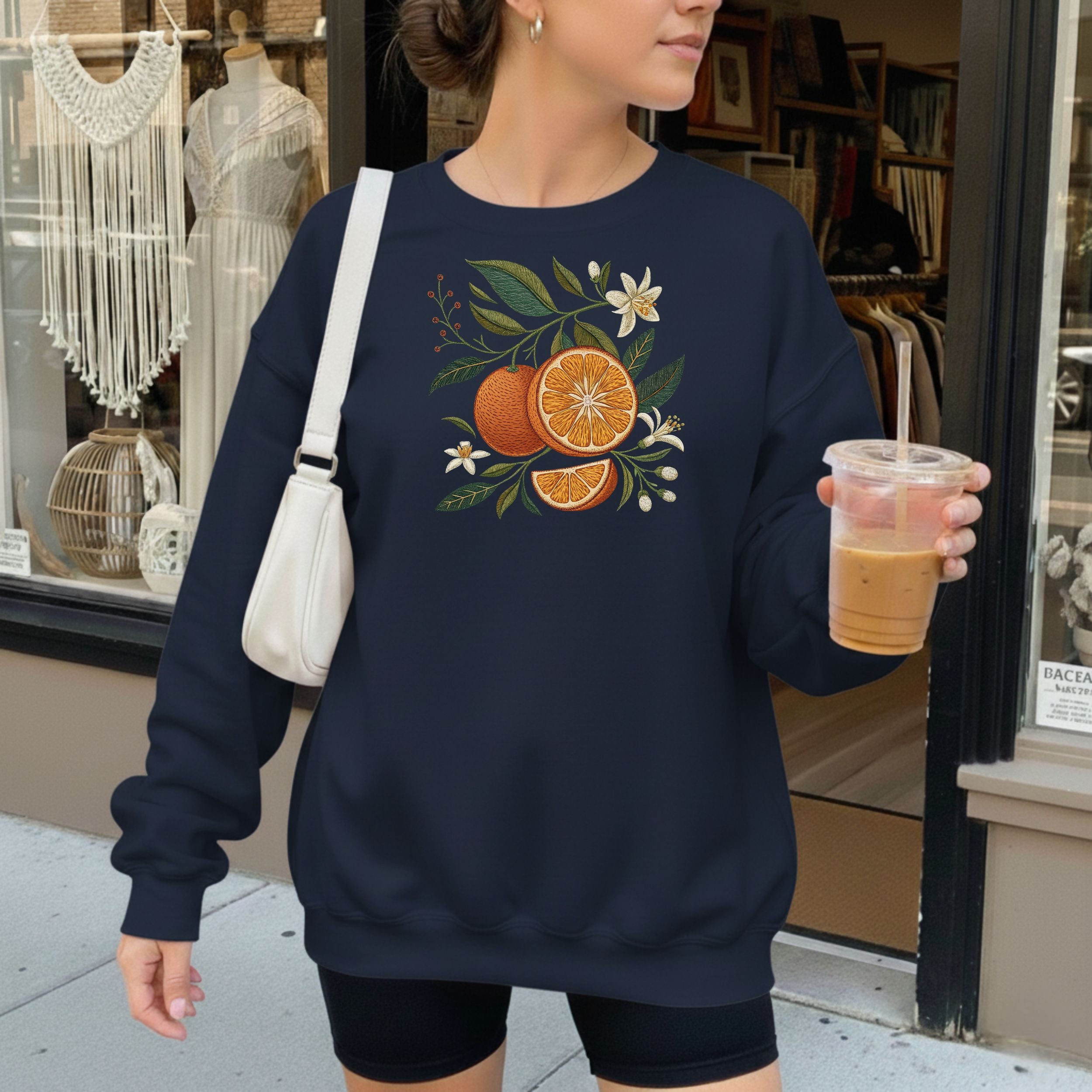 Cozy Navy Sweatshirt with Orange Blossom Design