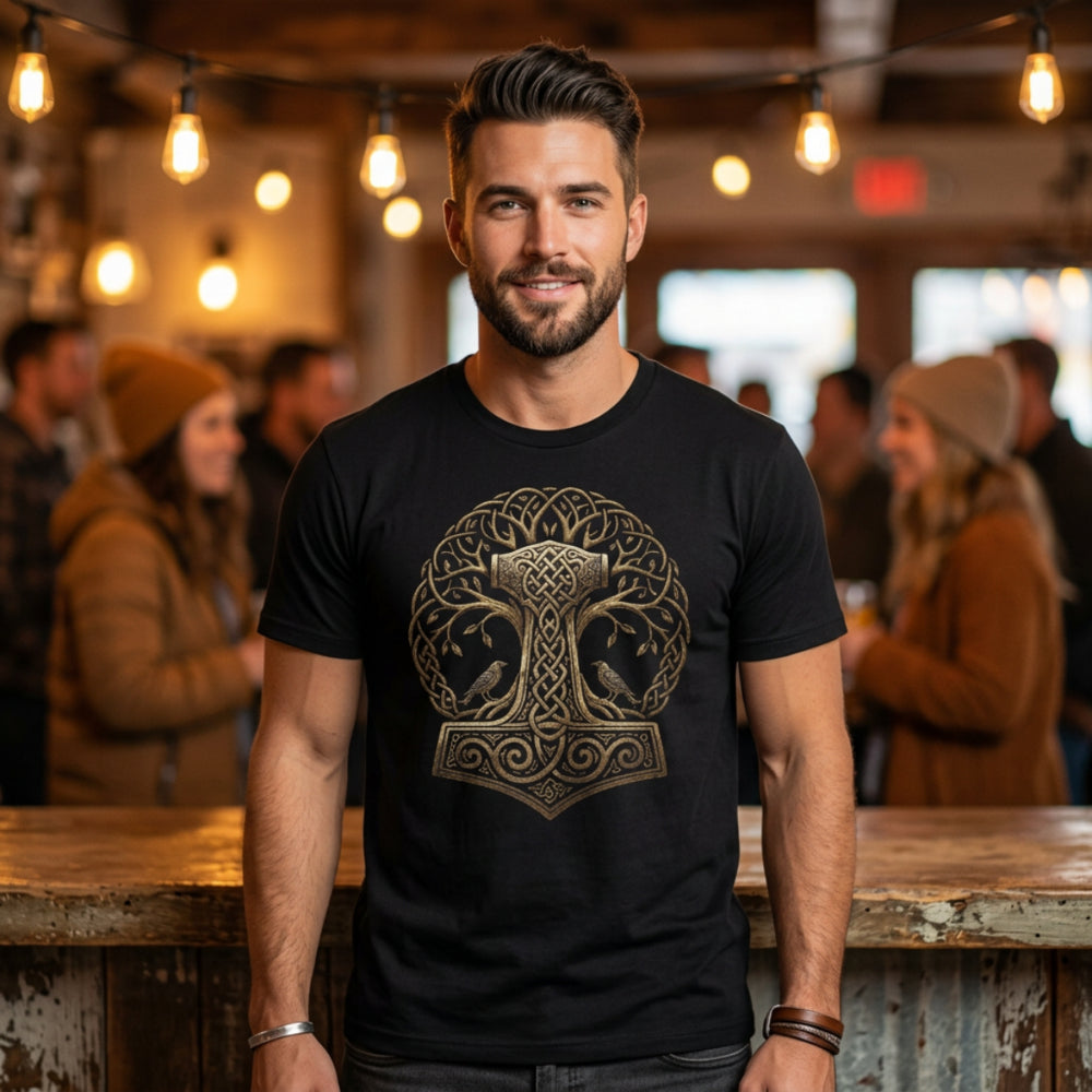 Man wearing a black t-shirt with a gold Norse tree of life and Thor's hammer design.