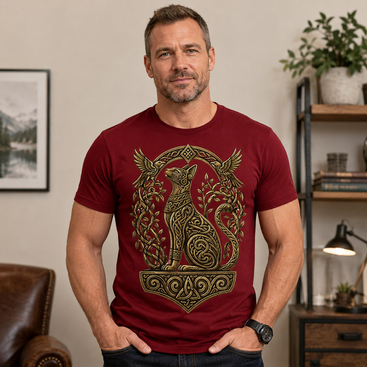 Man wearing a dark red t-shirt with a golden cat and mythological design.