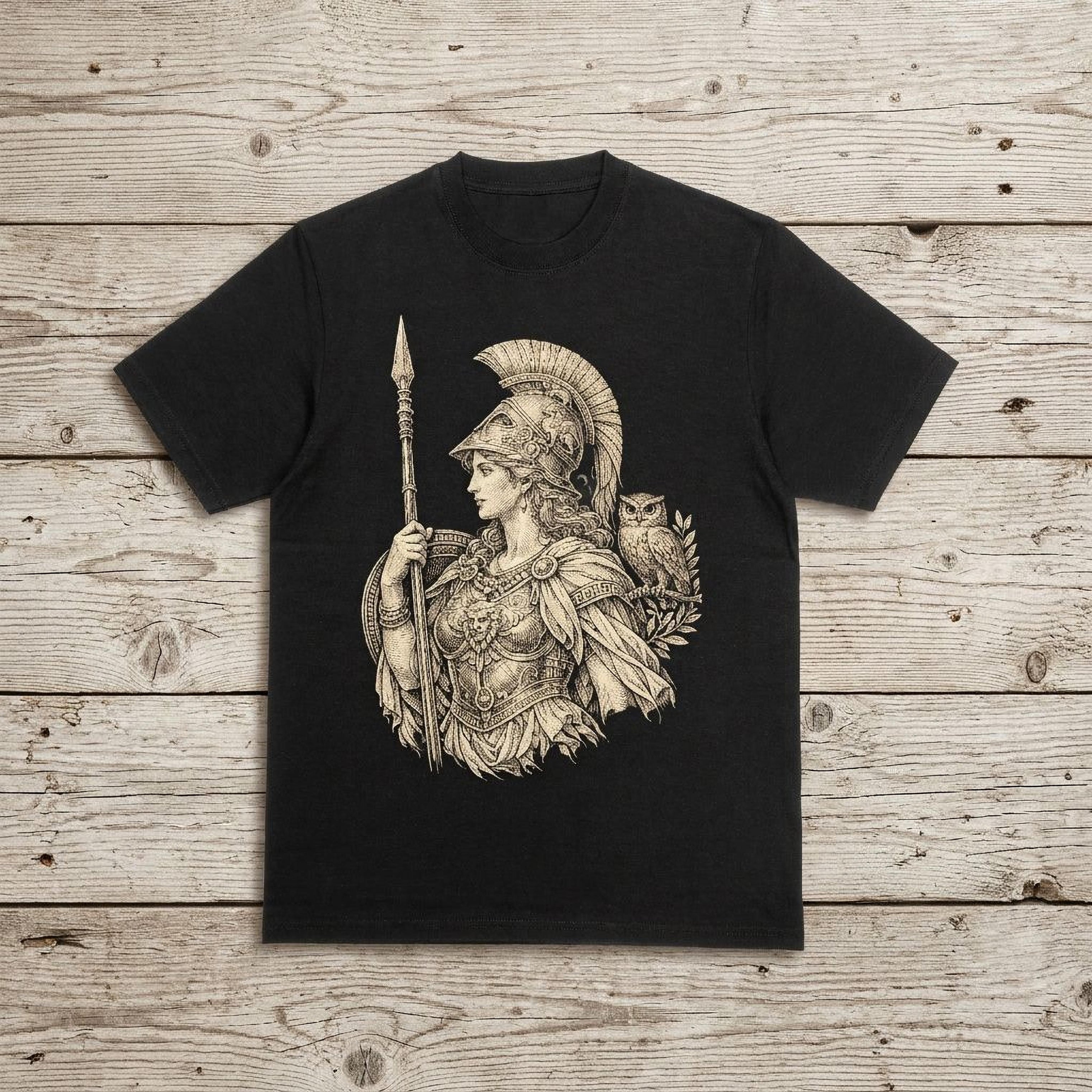 Black t-shirt with Athena and owl illustration on a wooden background.