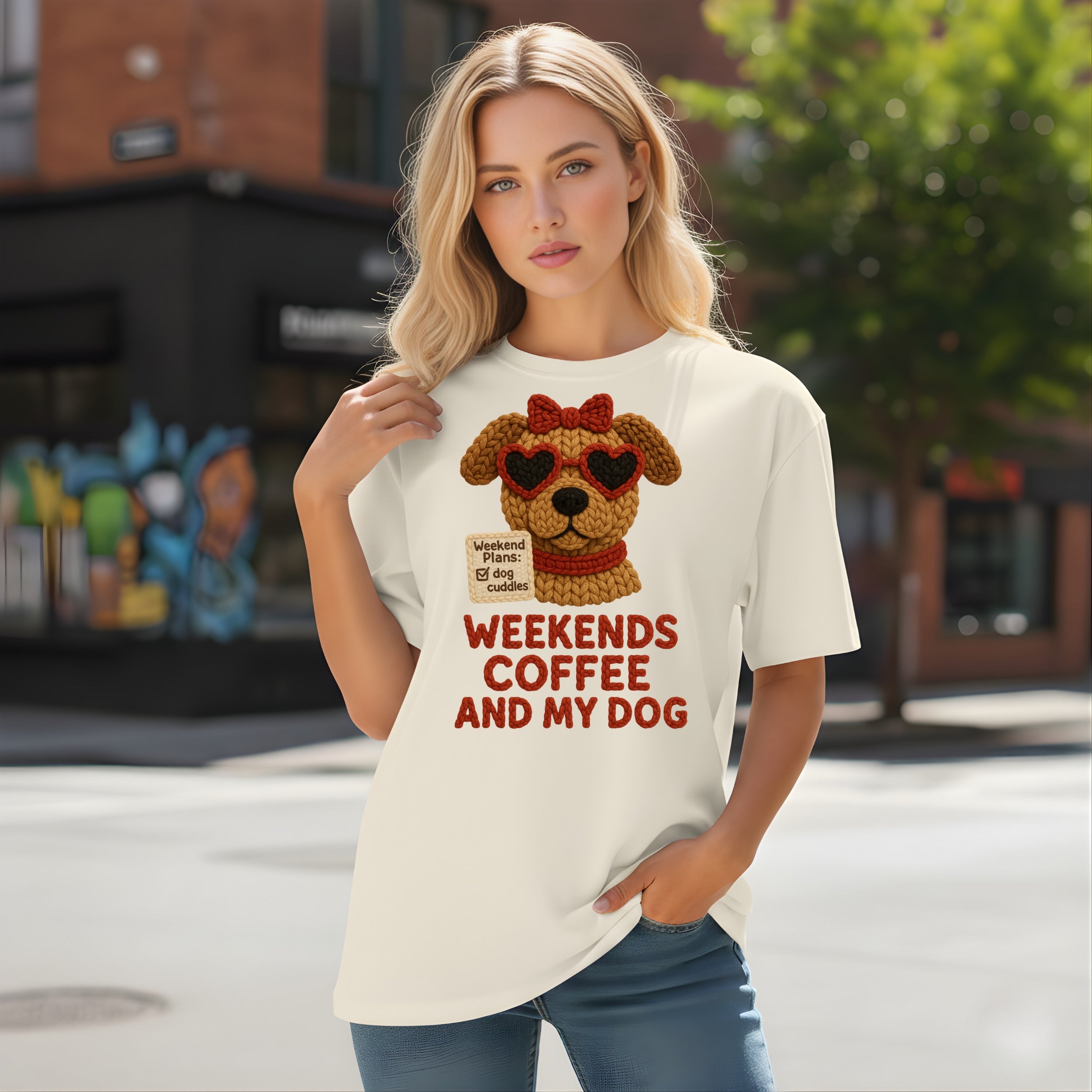 Woman wearing a t-shirt with "Weekend Plans: Coffee and My Dog" text and heart sunglasses graphic.