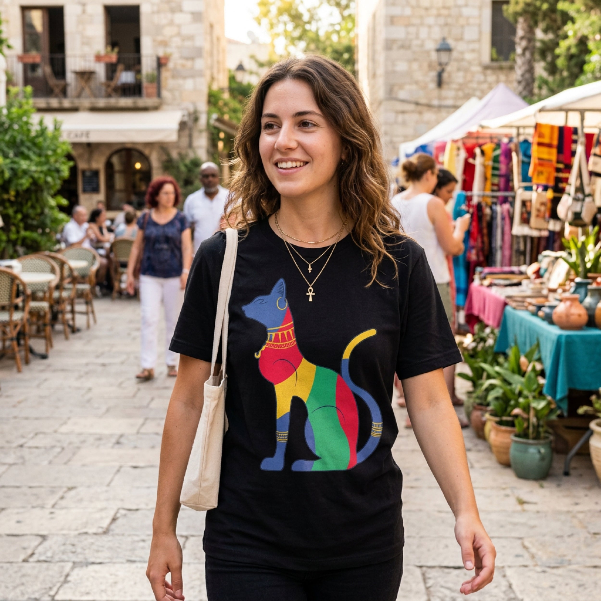 Woman wearing black t-shirt with colorful Egyptian cat graphic.