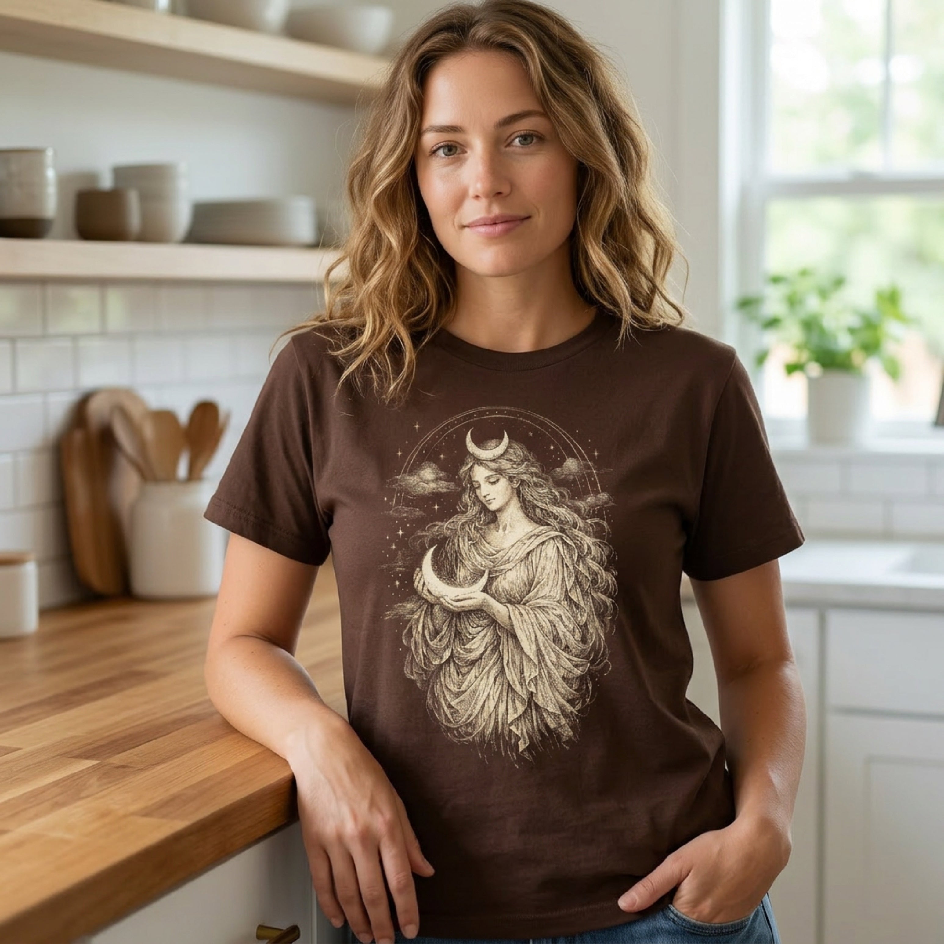 Woman wearing a brown t-shirt with a celestial moon goddess graphic.