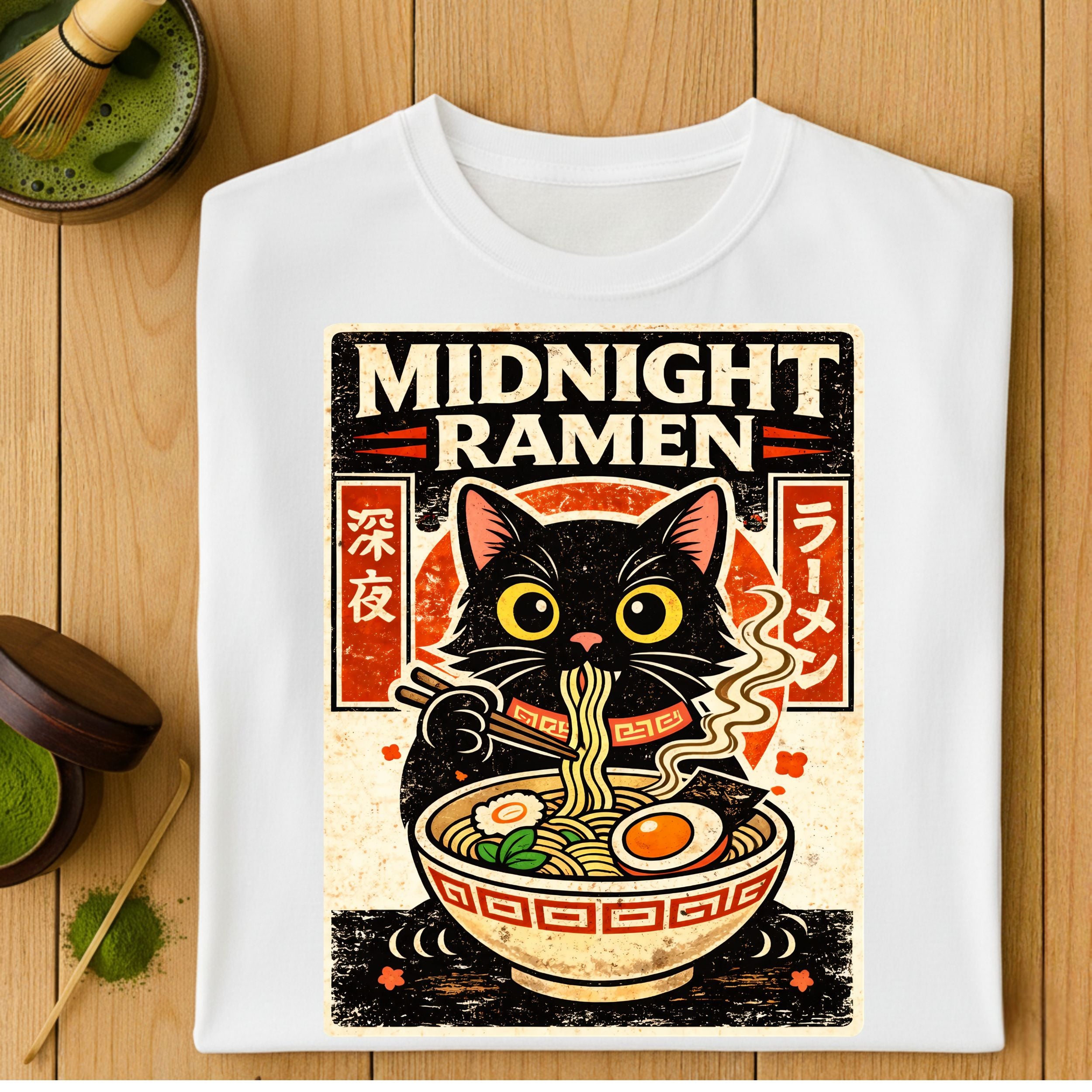 Midnight Ramen Cat Japanese Style Graphic T-Shirt