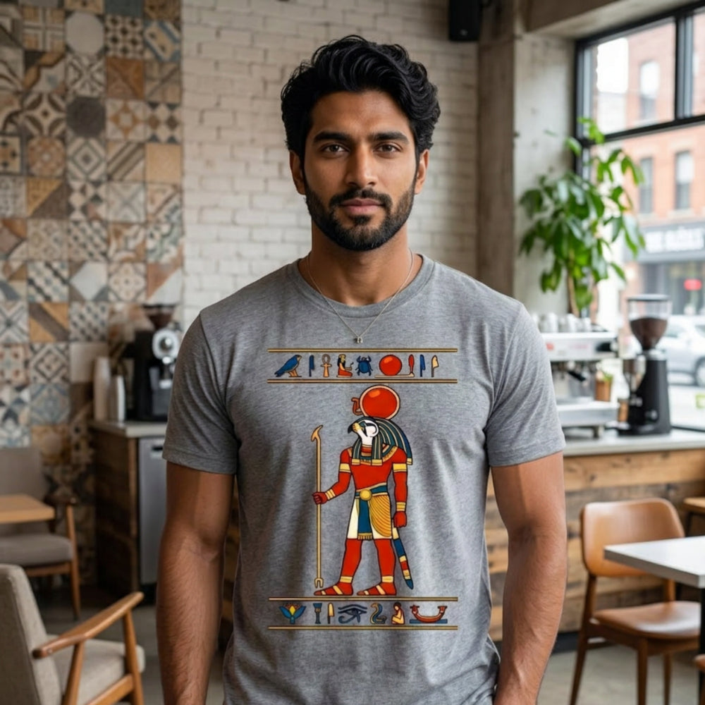 Grey t-shirt with ancient Egyptian deity Horus graphic.