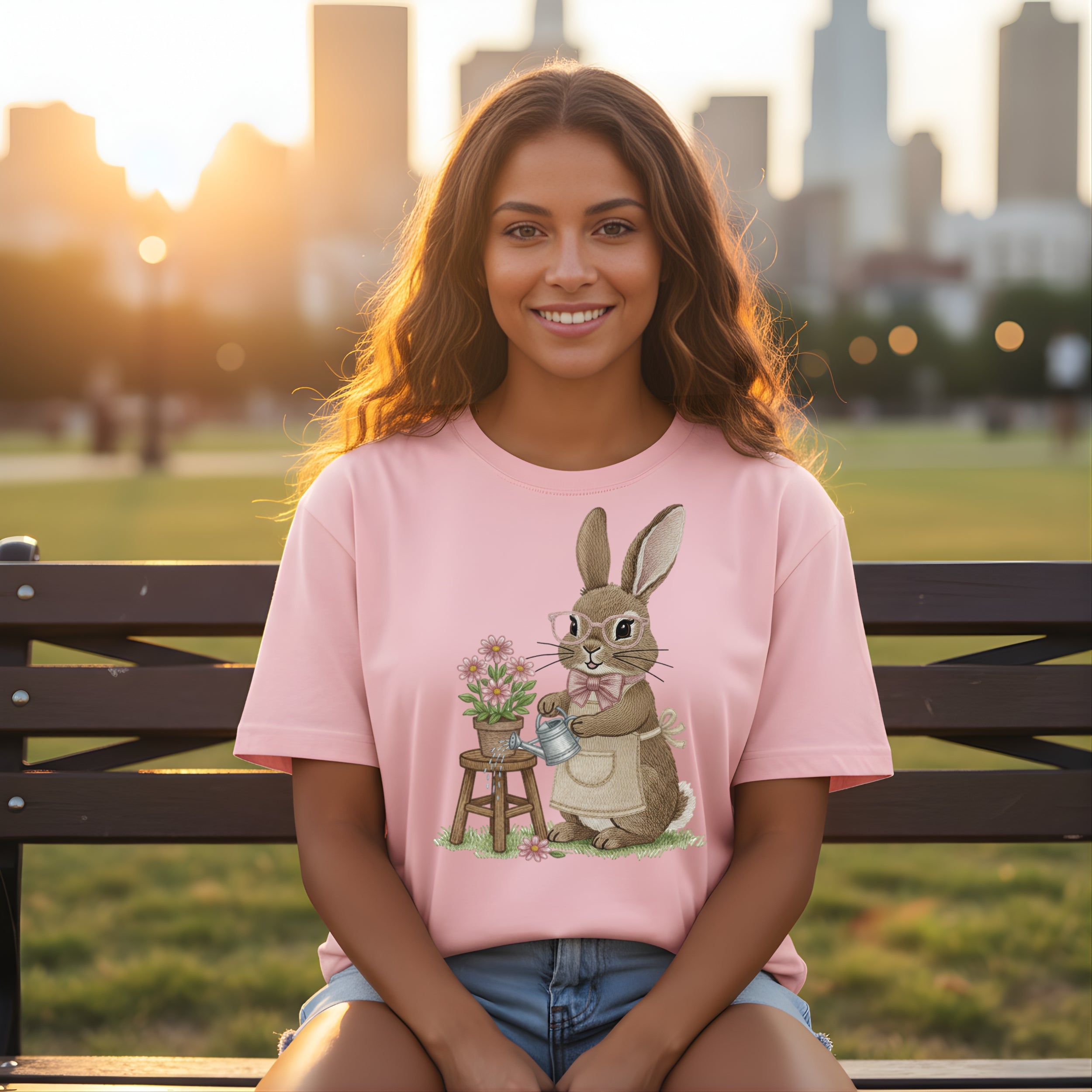 Cute Bunny Watering Flowers Graphic Tee