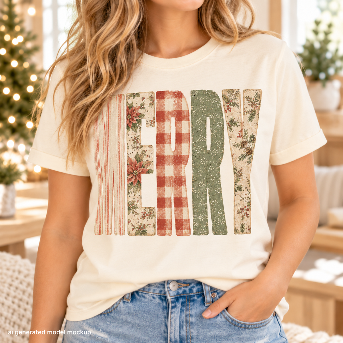 Cream t-shirt with "MERRY" text in various festive patterns.