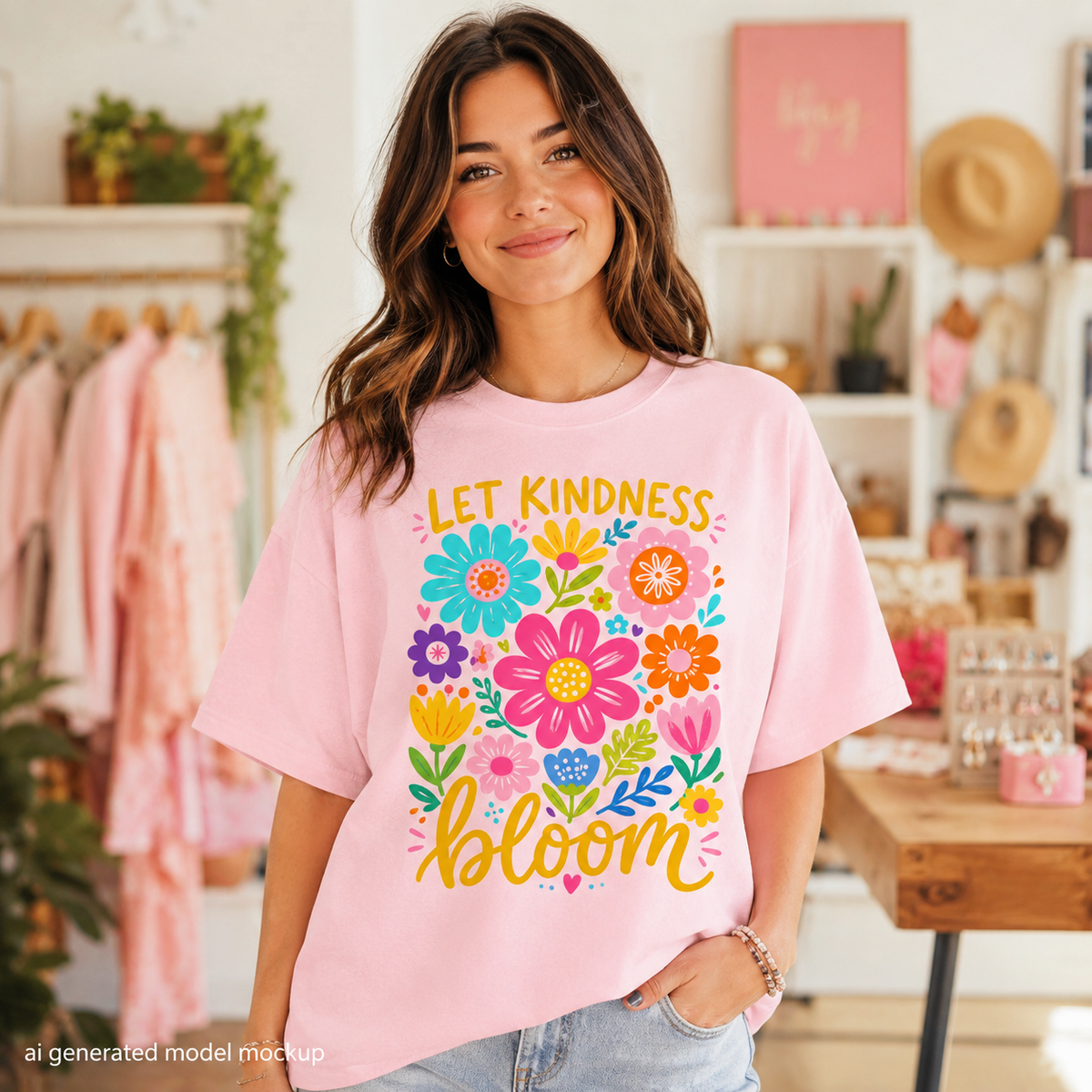 Pink t-shirt with colorful floral graphic and text "let kindness bloom".