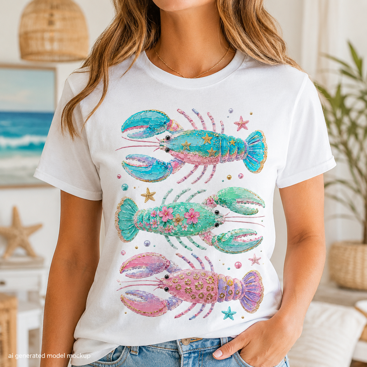White t-shirt with three watercolor lobsters stacked vertically: blue, green, and pink.
